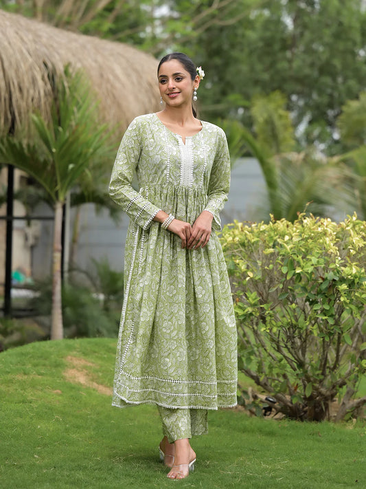 Party Ready Green Floral Print Cotton Nyra Cut Kurta Pant Set for Women