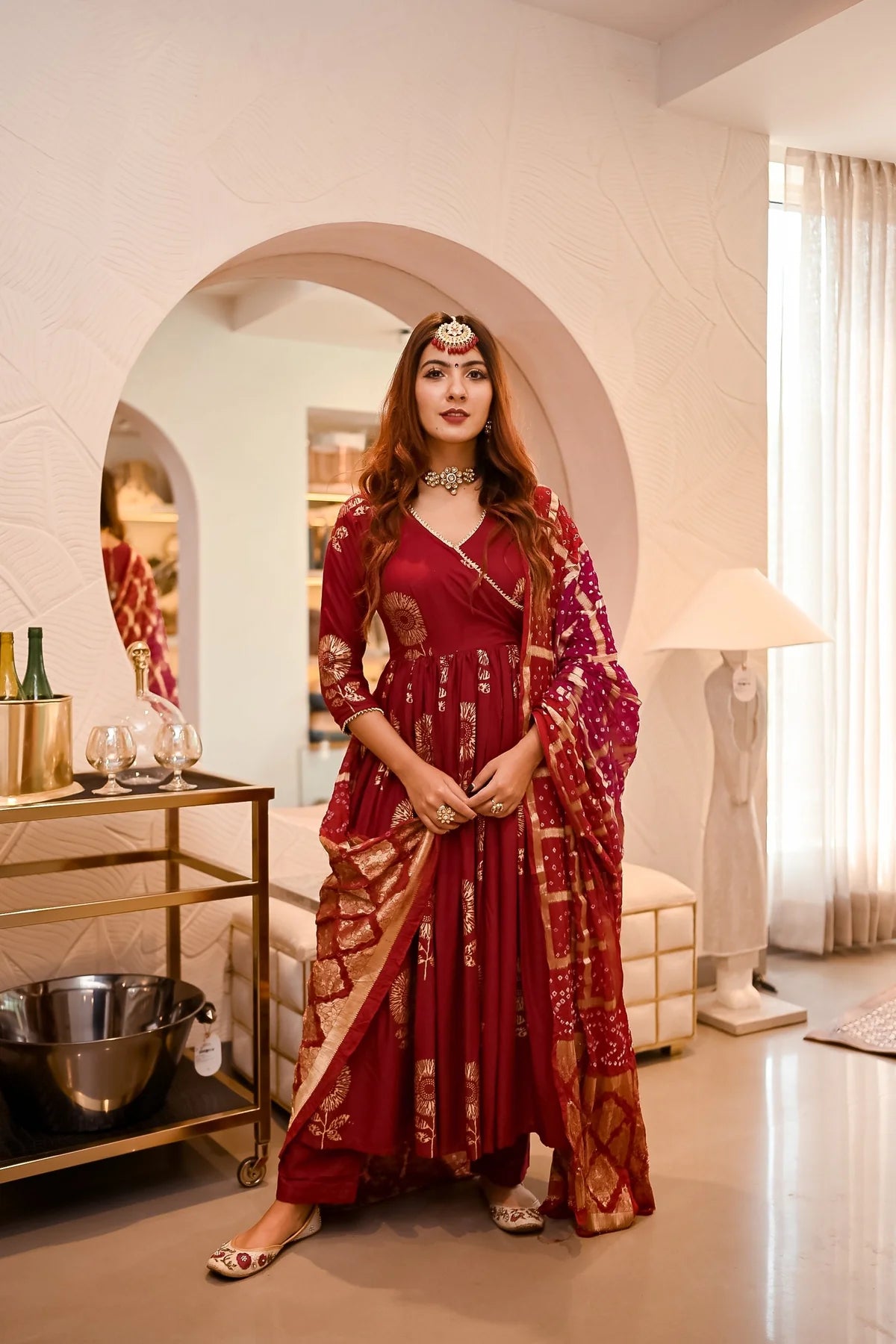 Party Ready Maroon Angrakha Bandhej Suit Set with Matching Dupatta