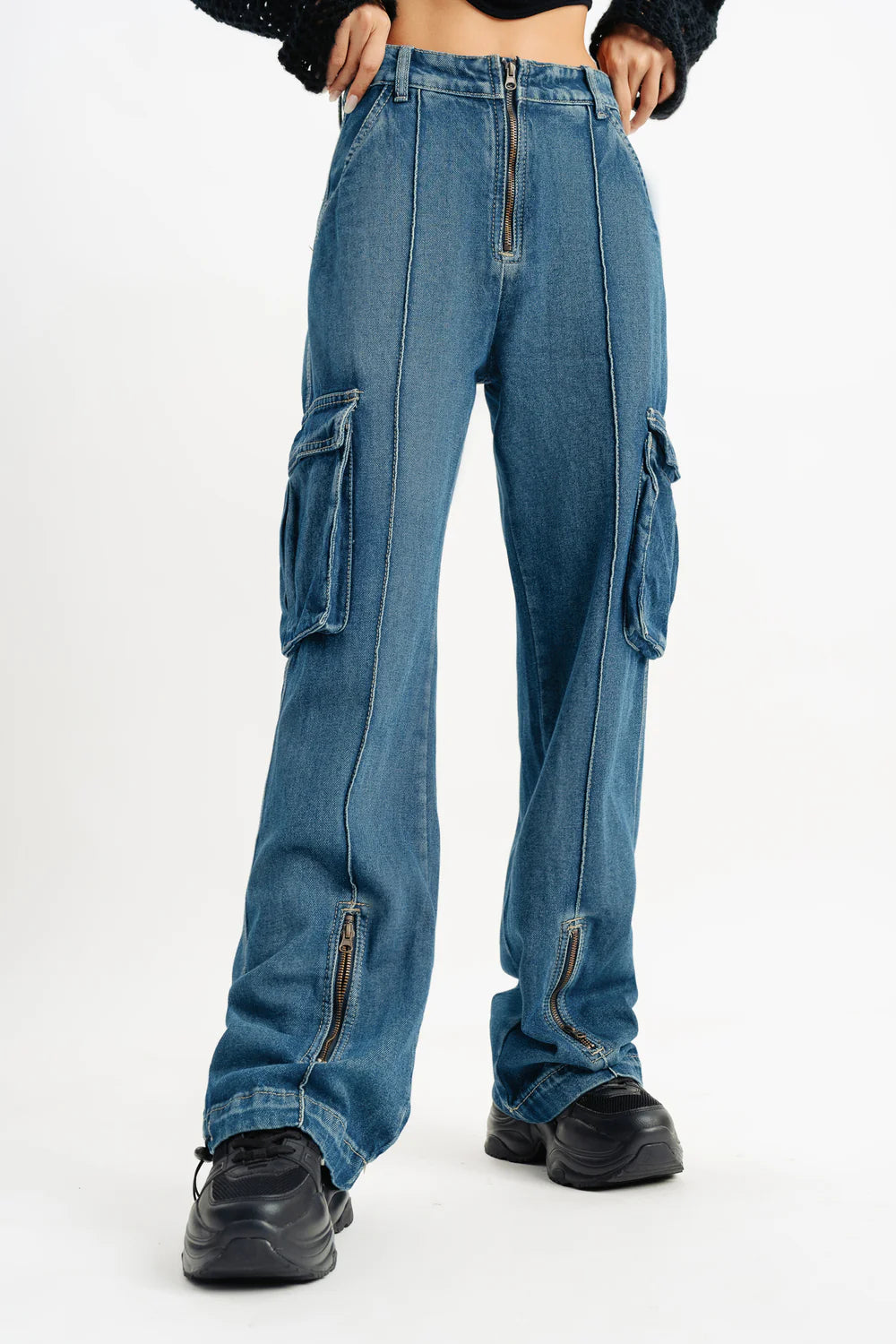 Premium Blue Pintuck Straight Cargo Jeans for Women – Durable and Trendy Denim