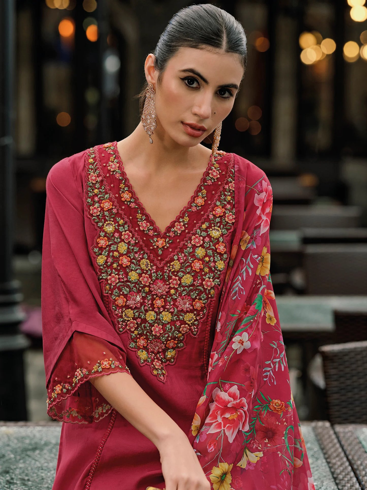 Elegant Red Embroidered Kurta Trousers with Matching Dupatta