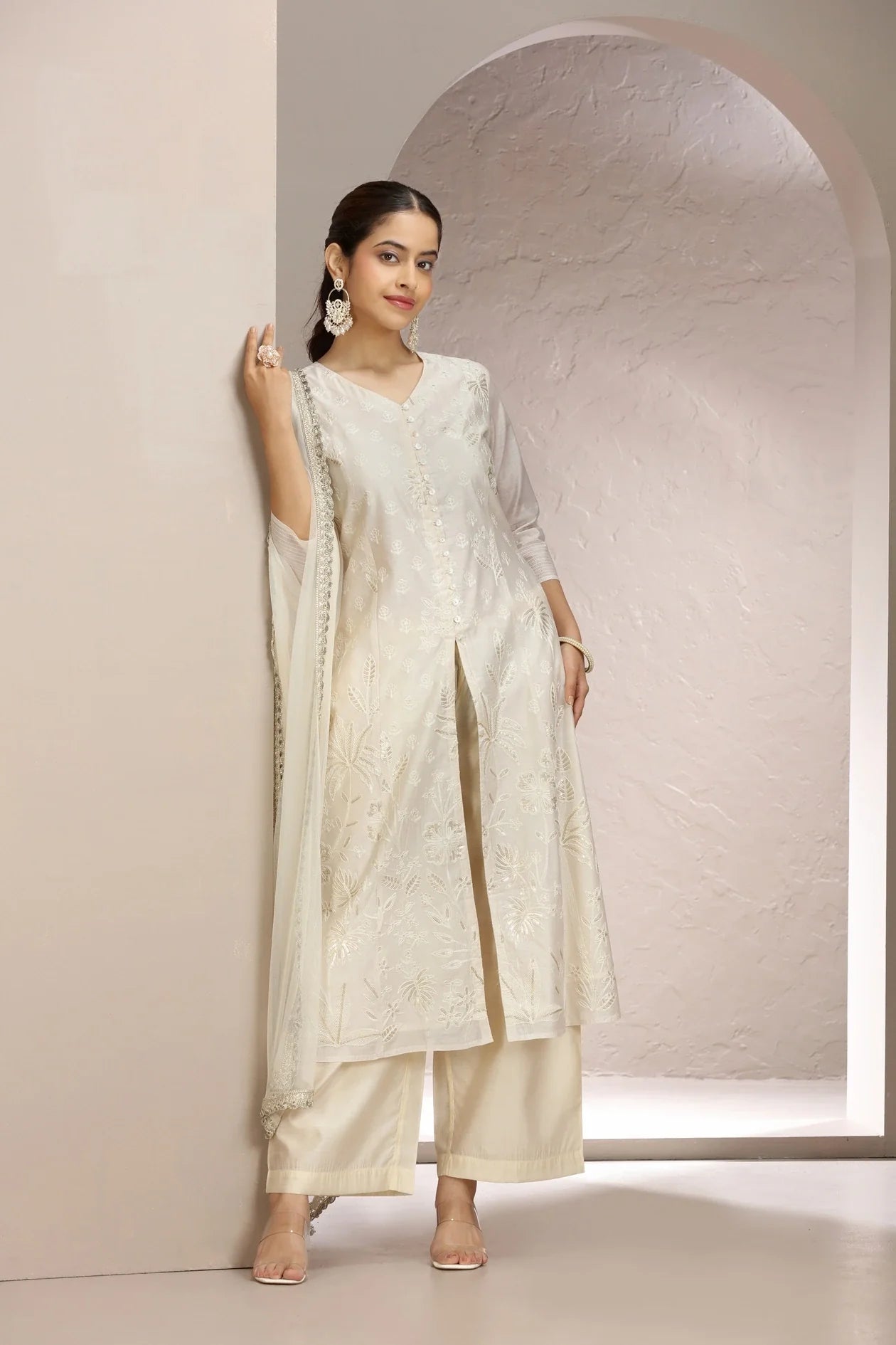 Elegant Off White Chanderi Kurta Pant and Dupatta Suit Set for Women in Comfortable A-Line Fit