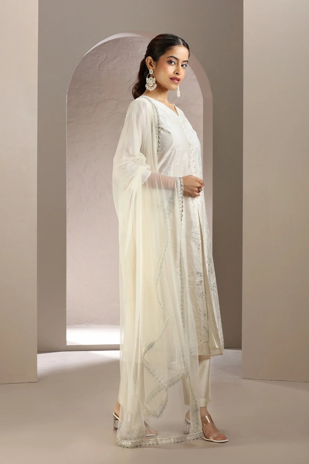 Elegant Off White Chanderi Kurta Pant and Dupatta Suit Set for Women in Comfortable A-Line Fit