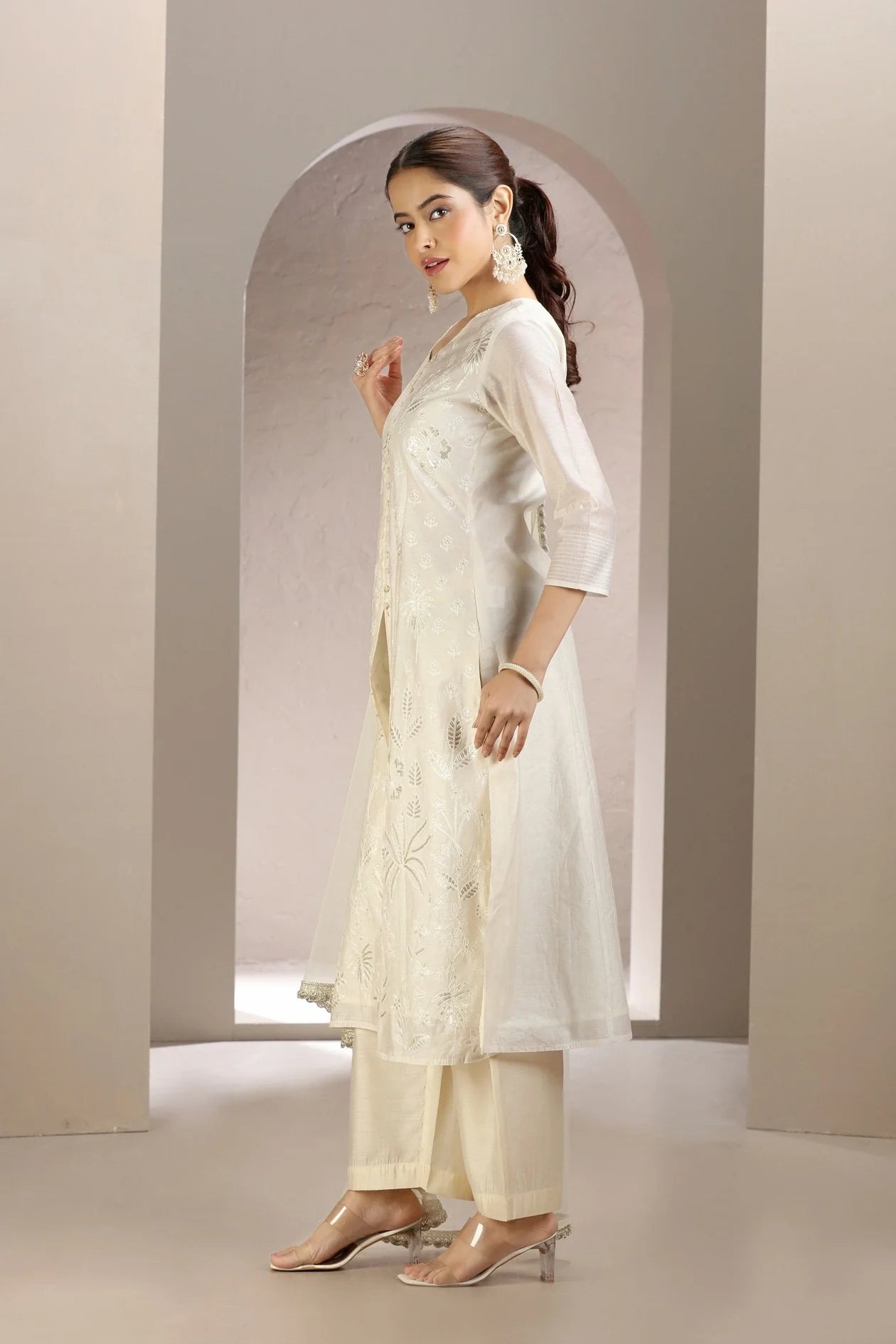 Elegant Off White Chanderi Kurta Pant and Dupatta Suit Set for Women in Comfortable A-Line Fit
