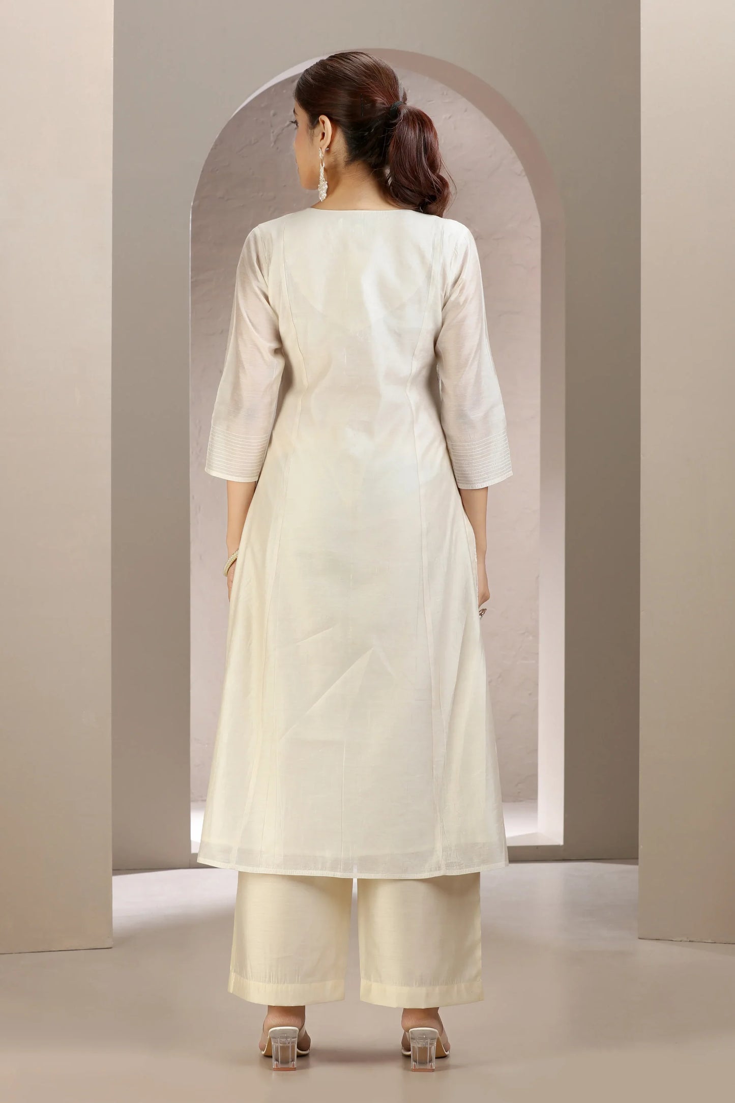 Elegant Off White Chanderi Kurta Pant and Dupatta Suit Set for Women in Comfortable A-Line Fit