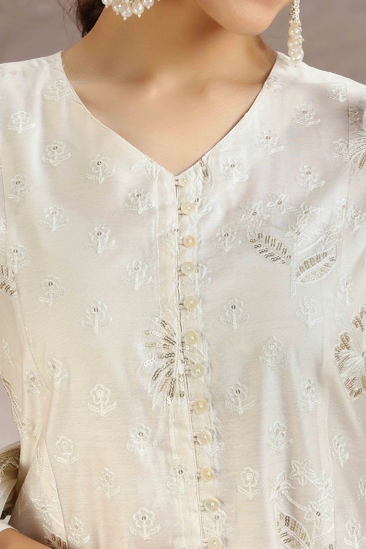 Elegant Off White Chanderi Kurta Pant and Dupatta Suit Set for Women in Comfortable A-Line Fit