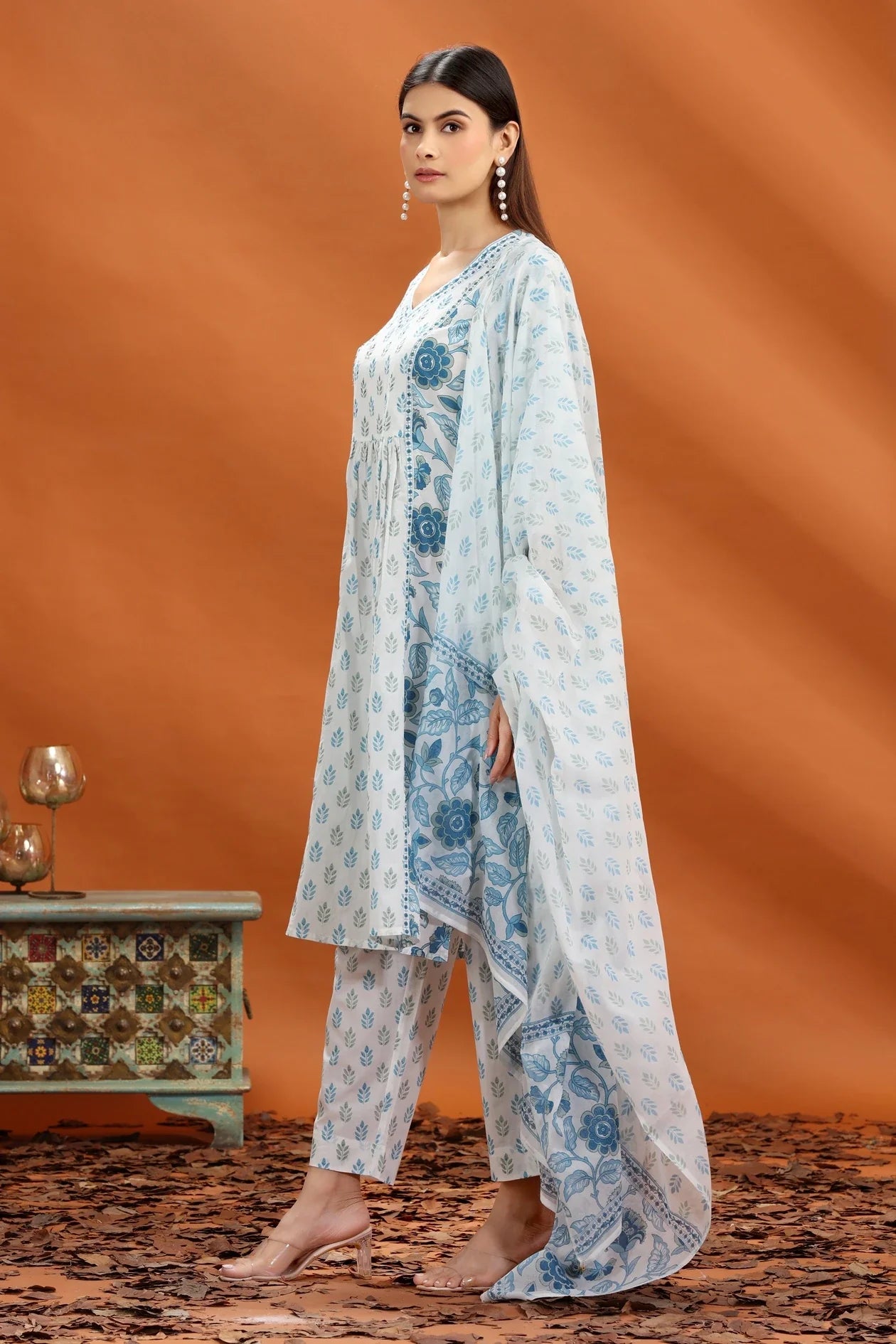 Fashionable Off White & Blue Jaipuri Cotton A-Line Kurta Pant and Dupatta Set for Women for Ethnic Occasions