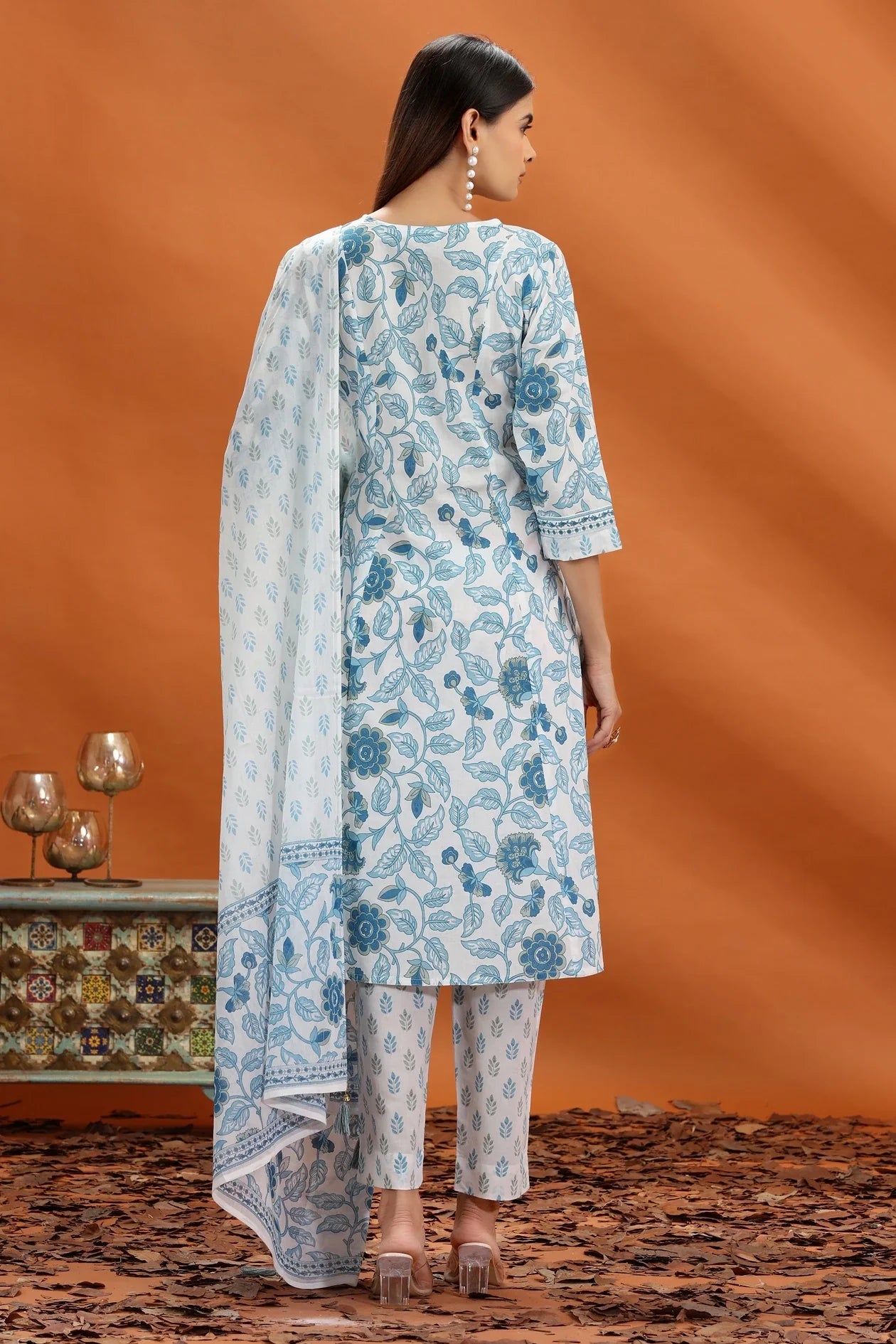 Fashionable Off White & Blue Jaipuri Cotton A-Line Kurta Pant and Dupatta Set for Women for Ethnic Occasions