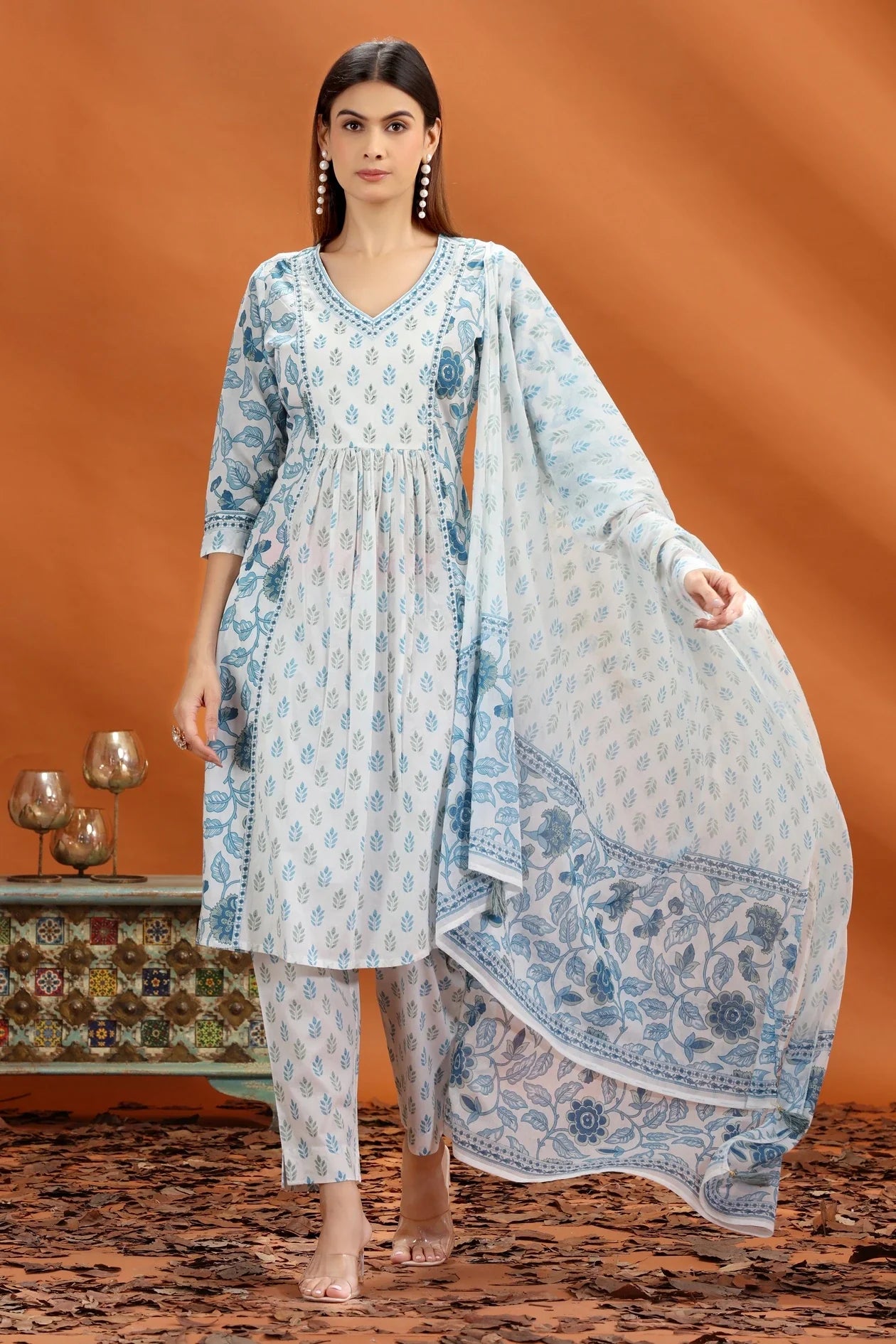 Fashionable Off White & Blue Jaipuri Cotton A-Line Kurta Pant and Dupatta Set for Women for Ethnic Occasions