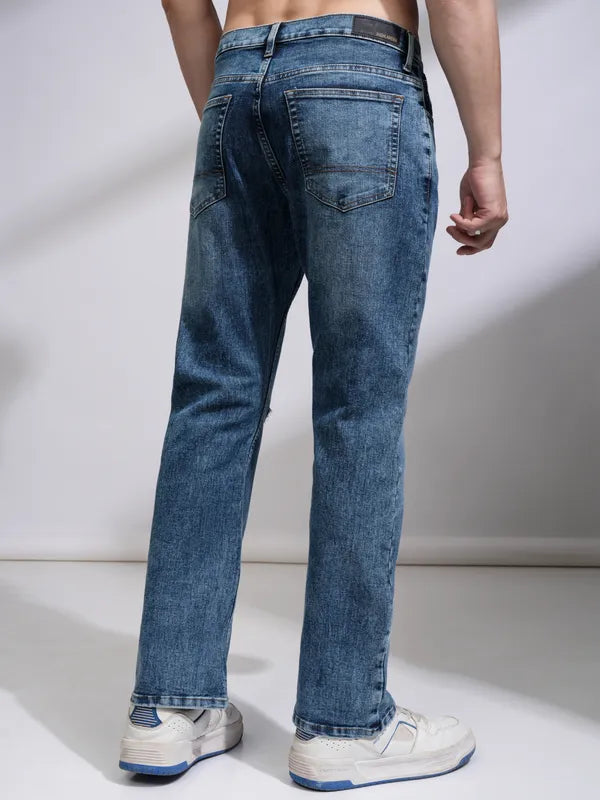 Light Blue Bootcut Highly Distressed Stretchable Jeans for Men with Stylish Design