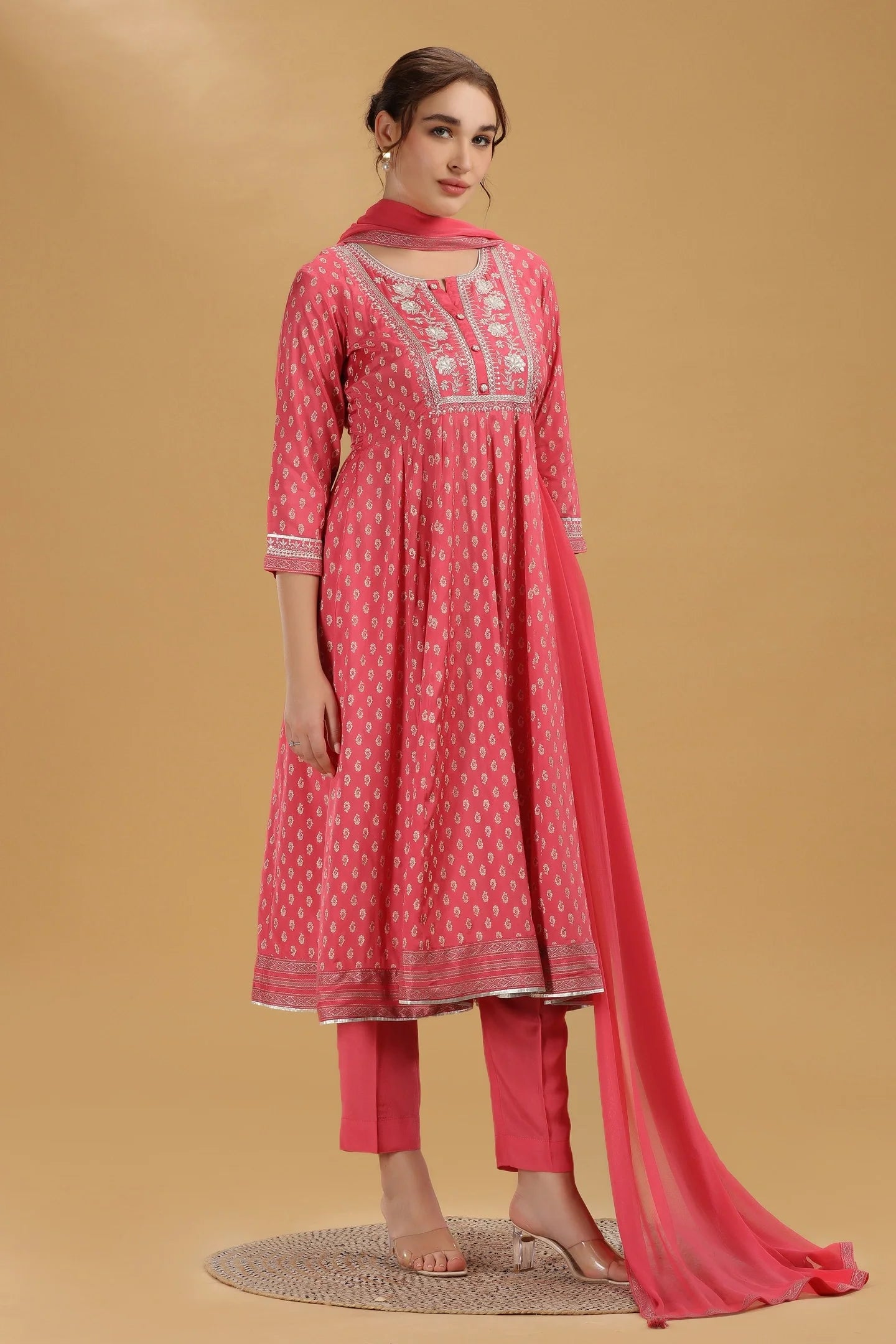 Fashionable Pink Santoon A-Line Kurta Pant and Dupatta Suit Set for Women with Elegant Print and Embroidery
