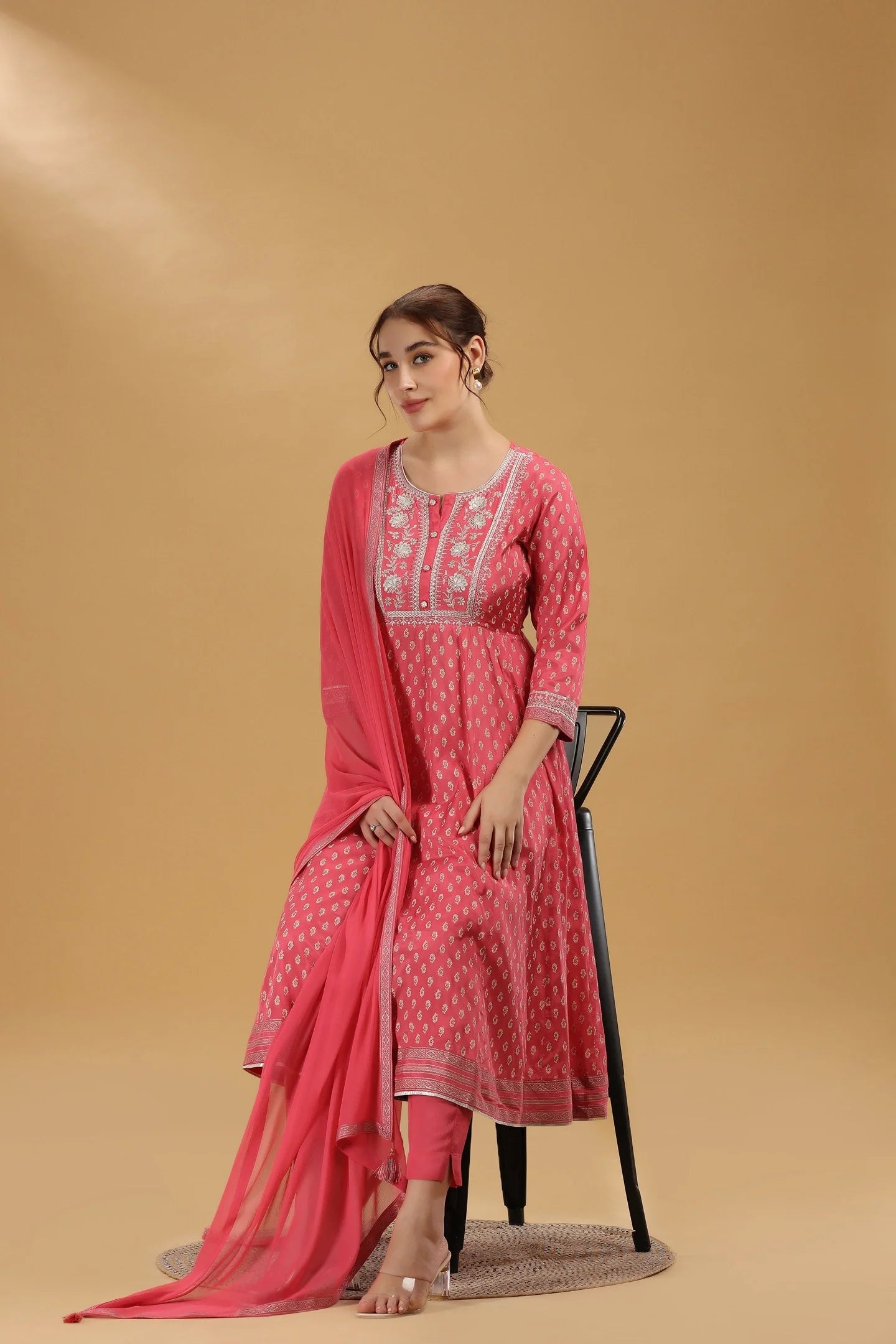 Fashionable Pink Santoon A-Line Kurta Pant and Dupatta Suit Set for Women with Elegant Print and Embroidery
