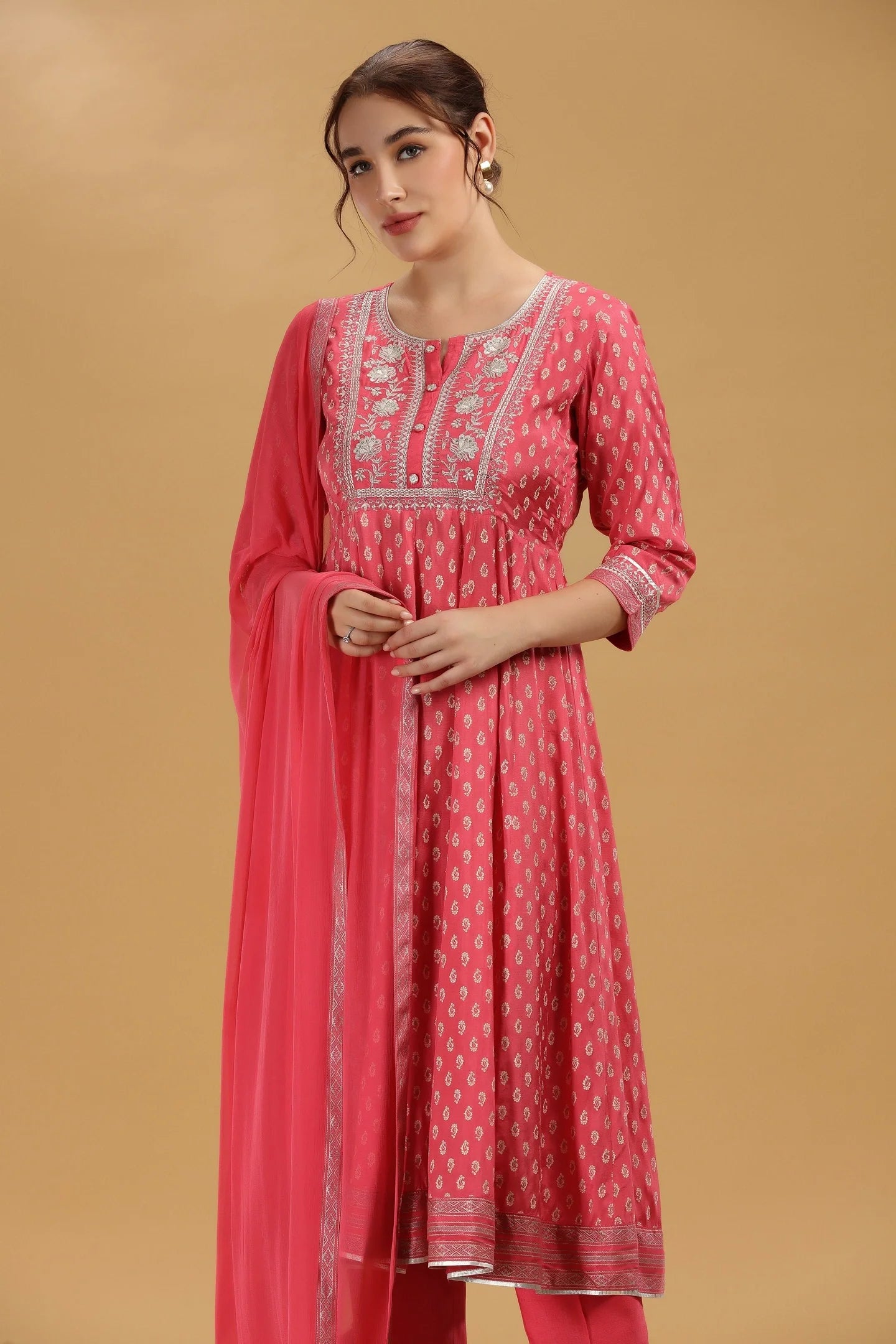 Fashionable Pink Santoon A-Line Kurta Pant and Dupatta Suit Set for Women with Elegant Print and Embroidery