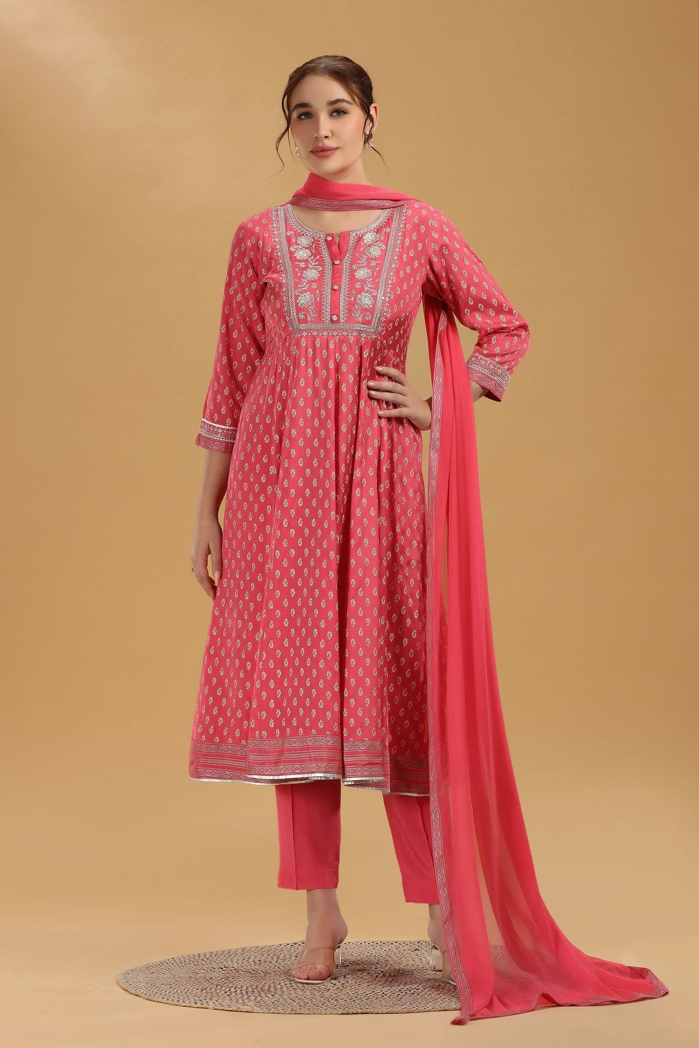 Fashionable Pink Santoon A-Line Kurta Pant and Dupatta Suit Set for Women with Elegant Print and Embroidery