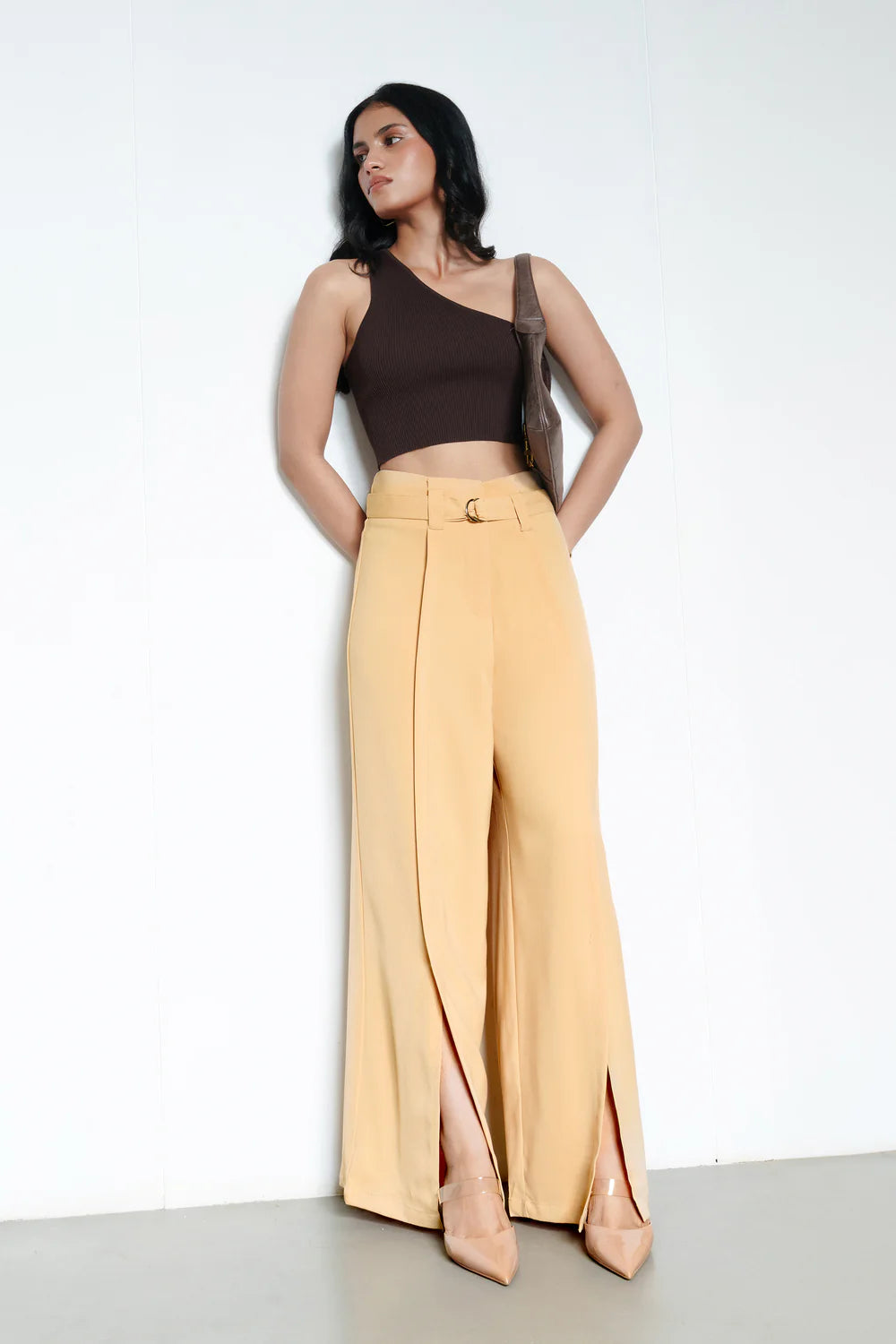 Elegant Light Beige Belted Women’s Flared Korean Pants with High Waist Fit