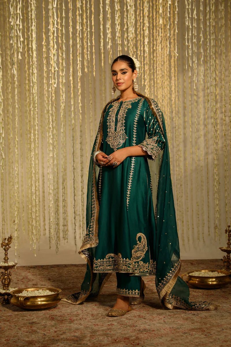 Elegant Emerald Green Long Kurta Set with Palazzo Pants and Dupatta – Festive & Wedding Party Wear Ethnic Outfit for Women