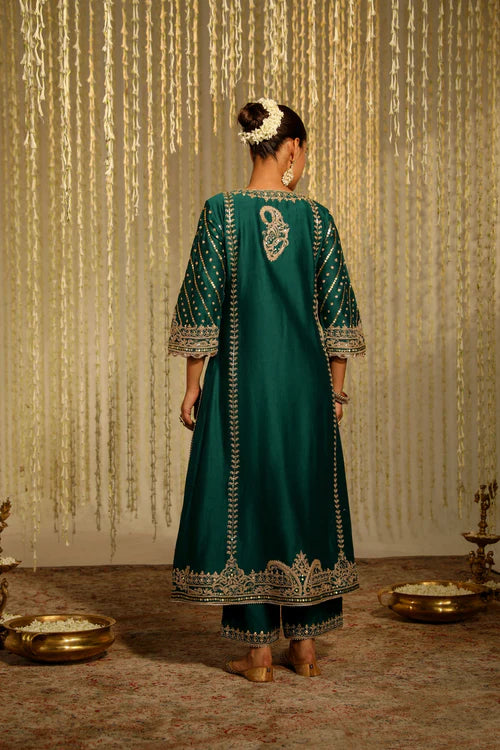 Elegant Emerald Green Long Kurta Set with Palazzo Pants and Dupatta – Festive & Wedding Party Wear Ethnic Outfit for Women