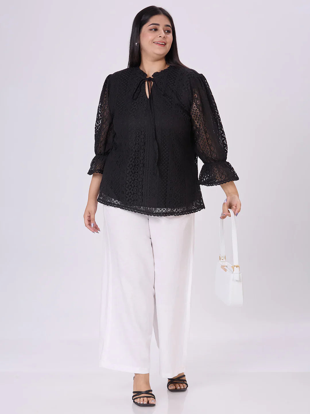 Women’s Elegant Black Lace Top with Round Neck Design