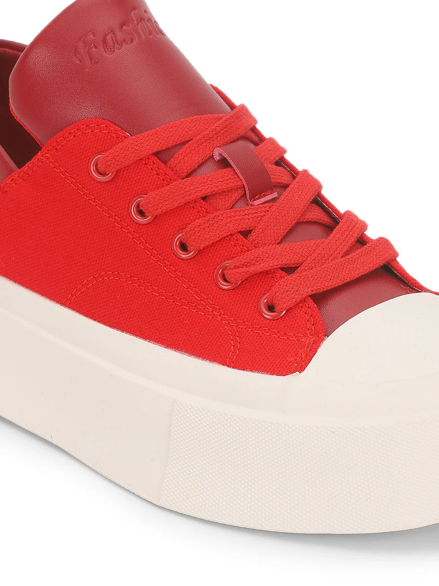 Streetwear Style Red Lace-Up Sneakers with Canvas Upper for Women