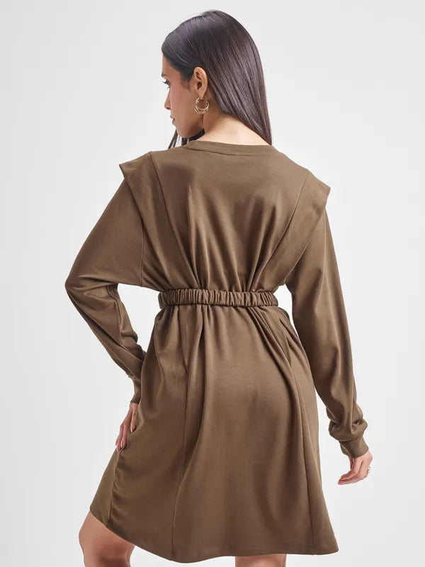Trendy Brown Solid Dress with Flared Skirt and Flattering Fit for Modern Looks