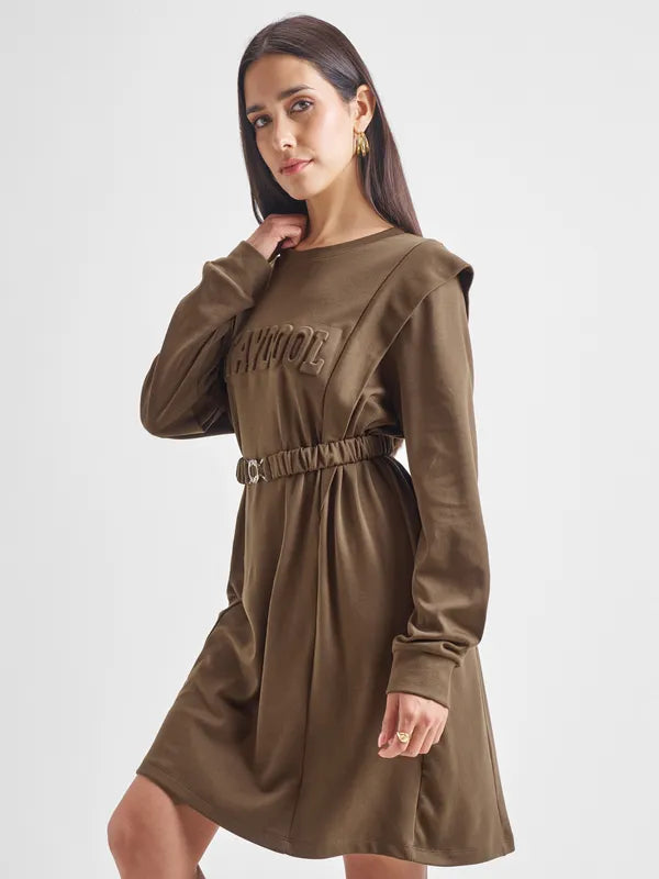 Trendy Brown Solid Dress with Flared Skirt and Flattering Fit for Modern Looks