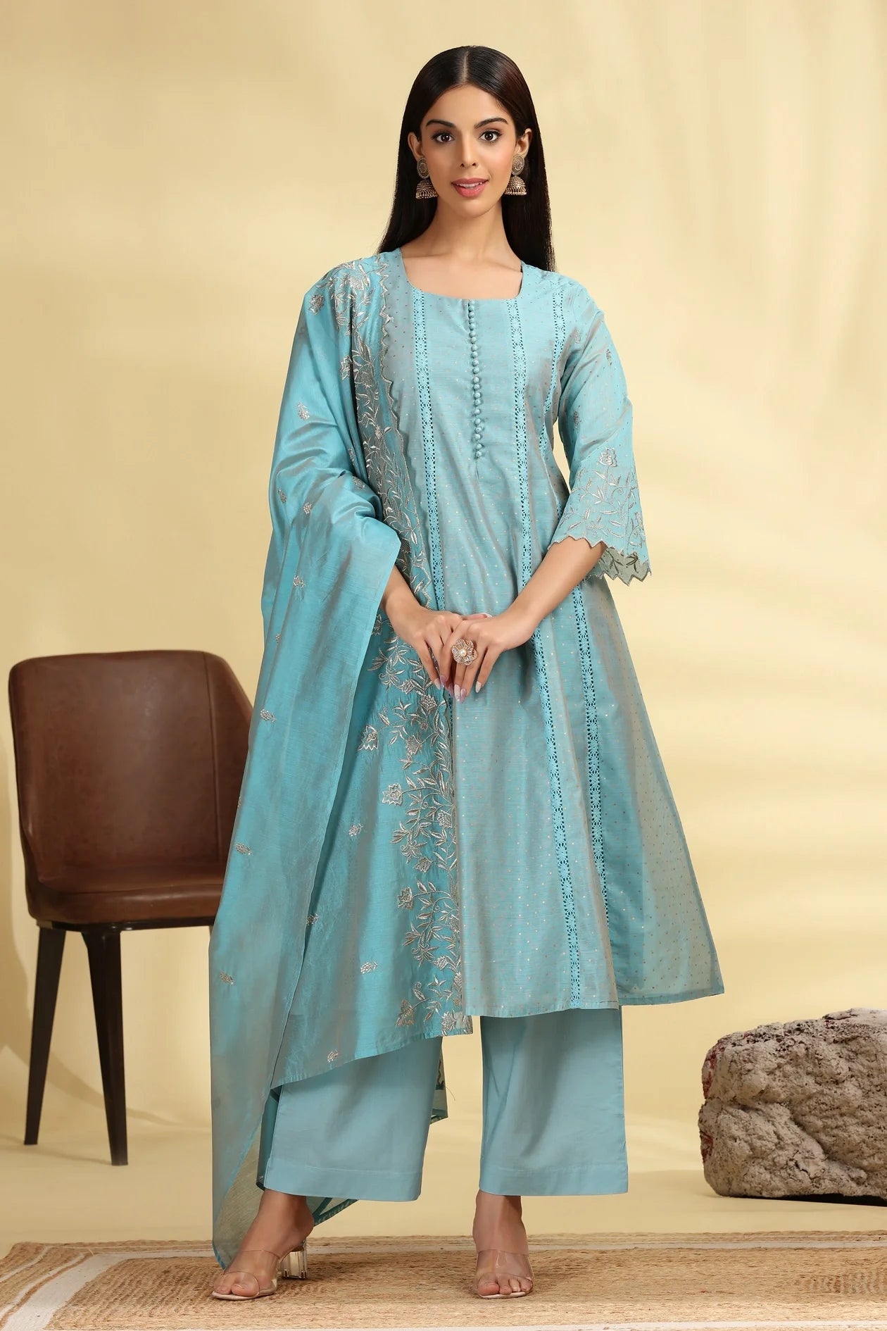 Women’s Turquoise Chanderi Kalidar Kurta Palazzo and Dupatta Suit Set with Elegant Embroidery