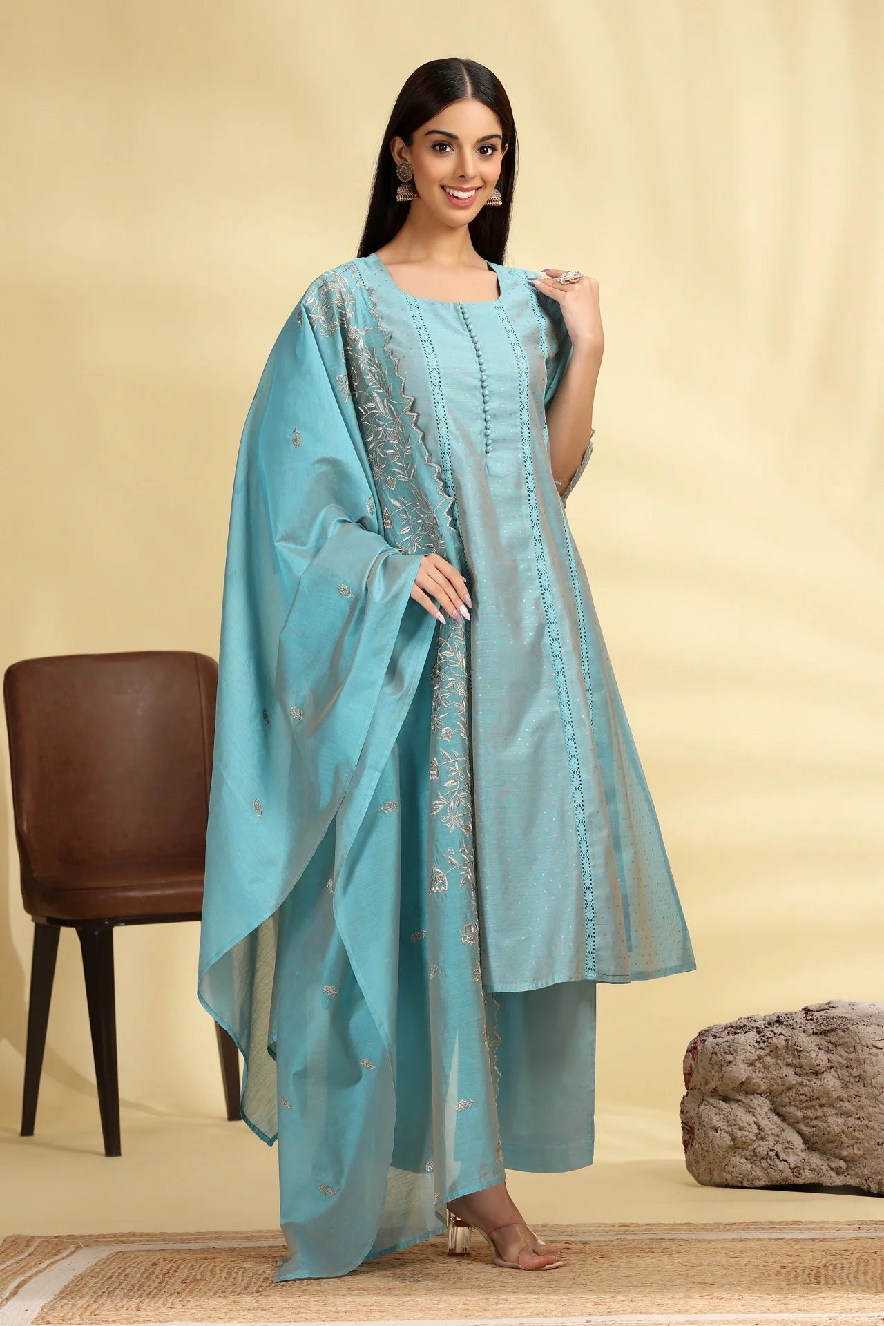 Women’s Turquoise Chanderi Kalidar Kurta Palazzo and Dupatta Suit Set with Elegant Embroidery