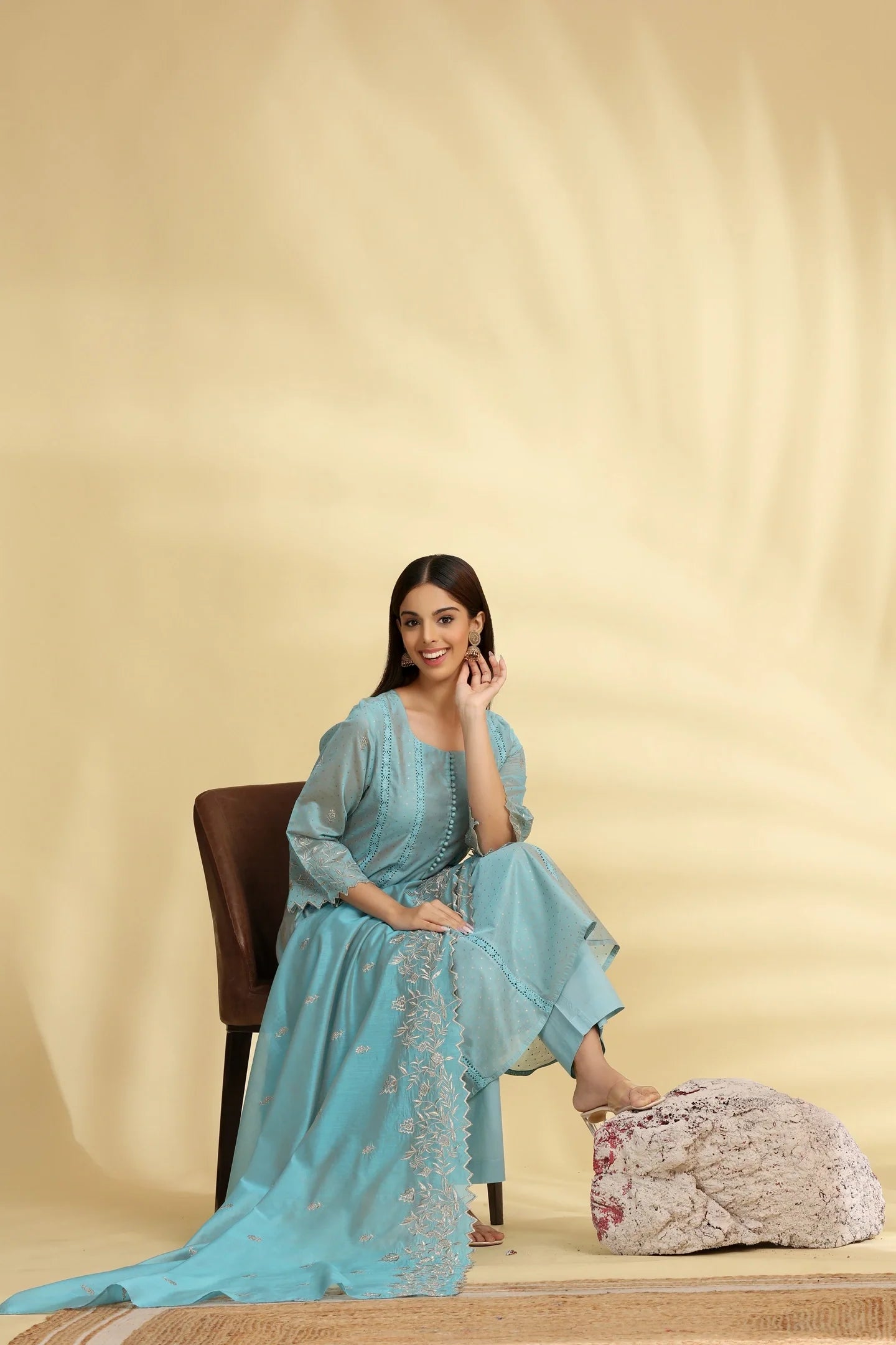 Women’s Turquoise Chanderi Kalidar Kurta Palazzo and Dupatta Suit Set with Elegant Embroidery