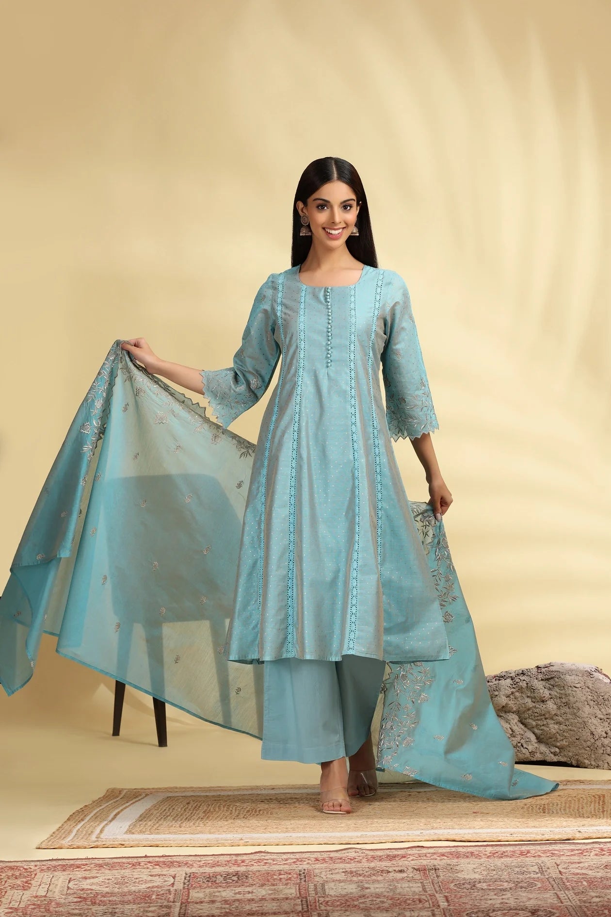 Women’s Turquoise Chanderi Kalidar Kurta Palazzo and Dupatta Suit Set with Elegant Embroidery