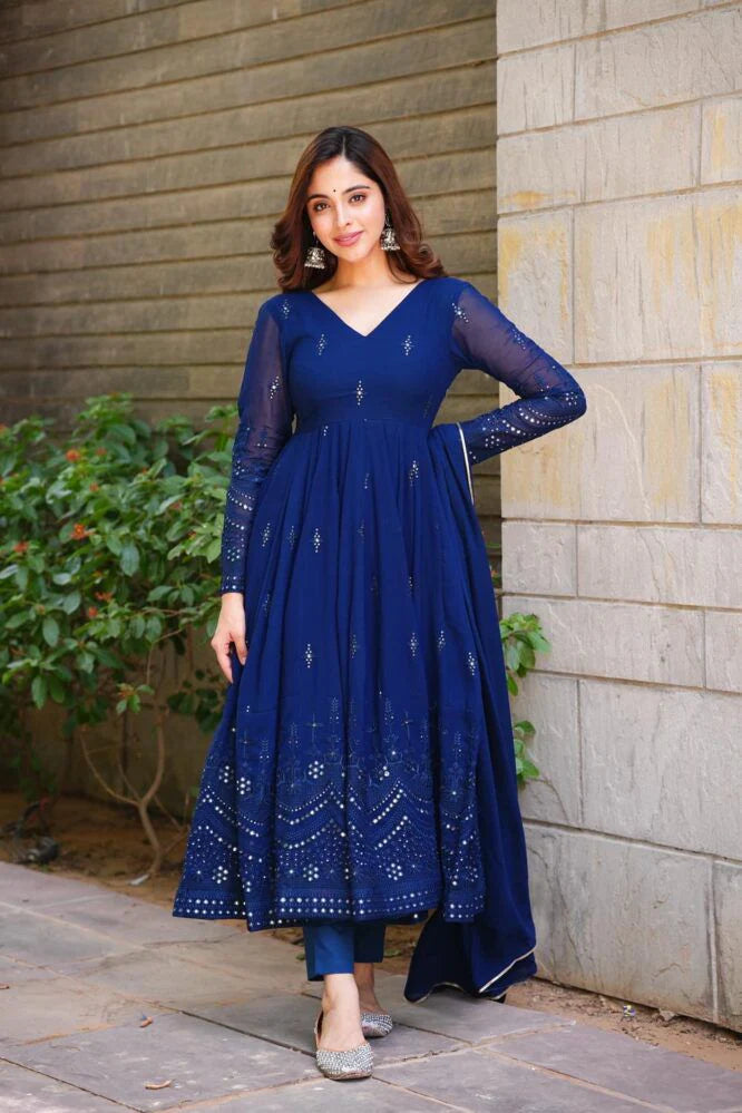Lightweight and Stylish Blue Anarkali Gown for Women with Glimmering Sequin and Thread Work