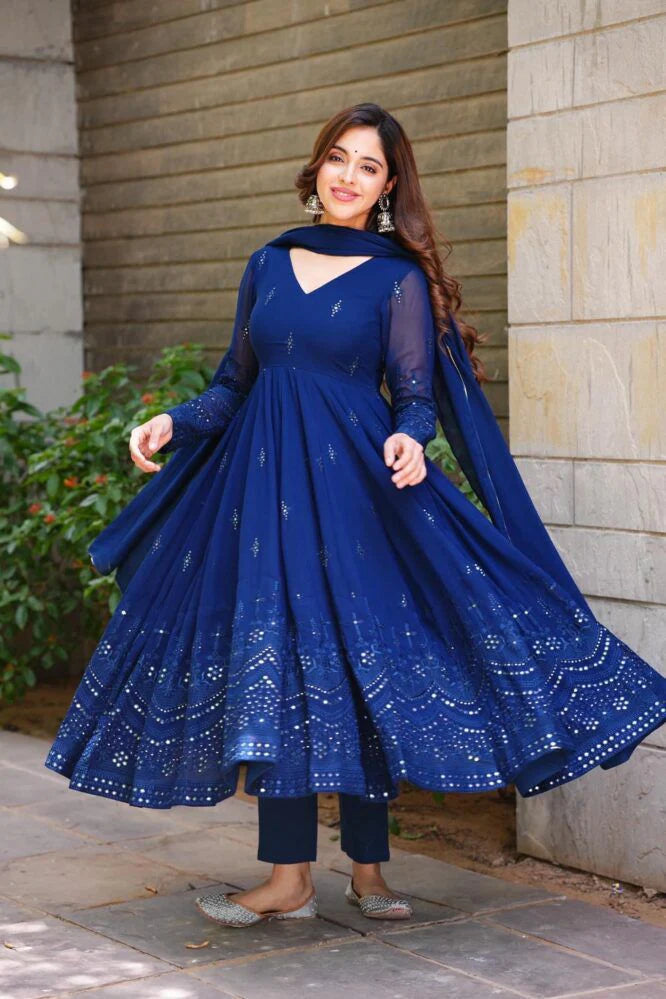 Lightweight and Stylish Blue Anarkali Gown for Women with Glimmering Sequin and Thread Work
