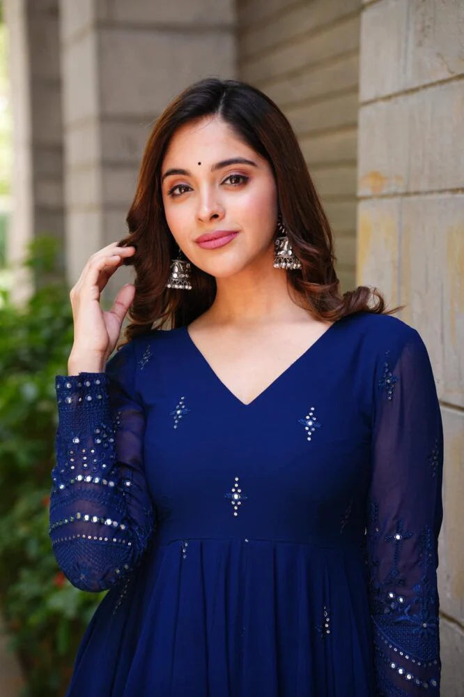 Lightweight and Stylish Blue Anarkali Gown for Women with Glimmering Sequin and Thread Work