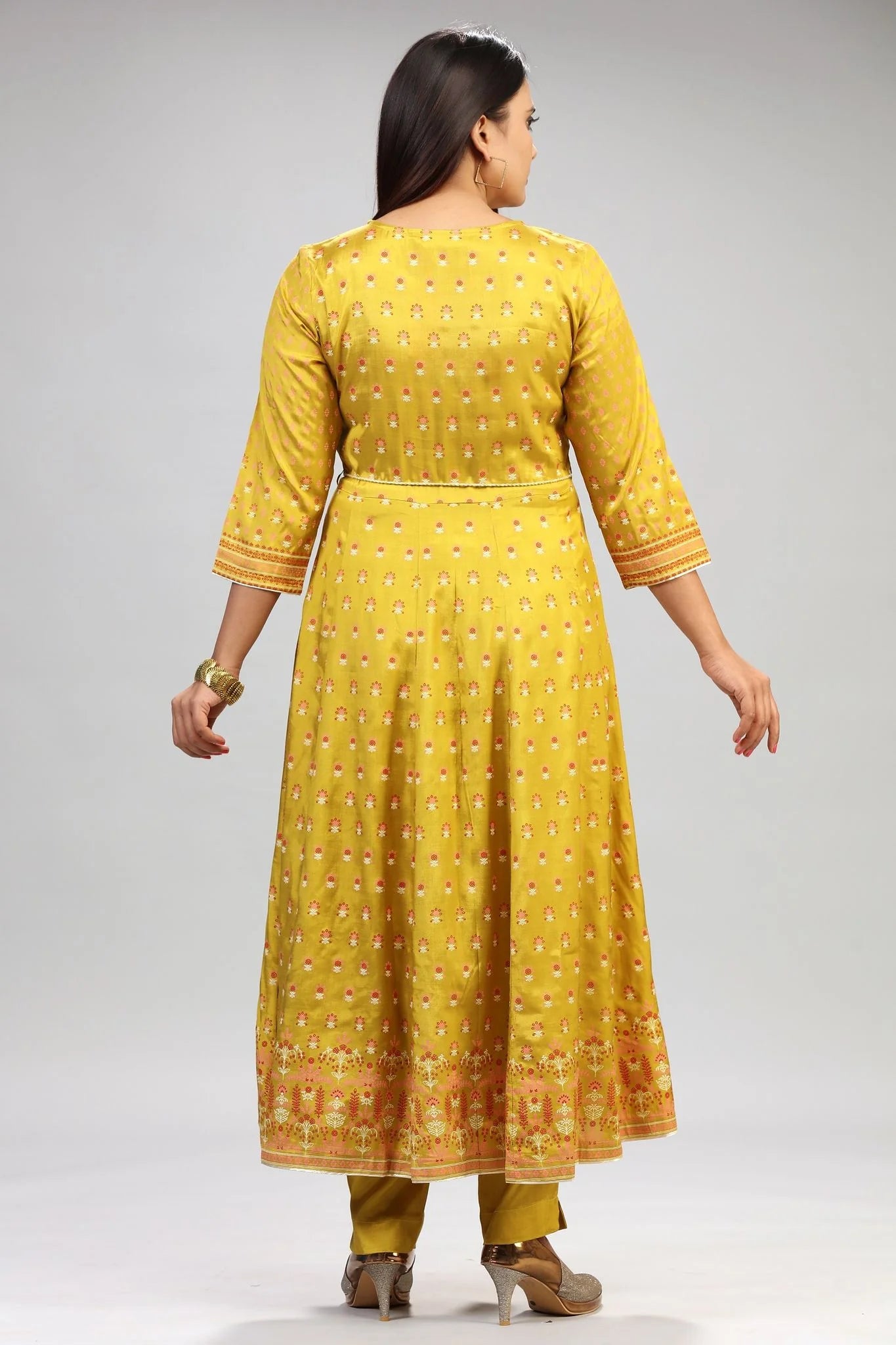 Stylish Mustard Embroidered Anarkali Kurta Pant Suit Set for Women in Premium Santoon Material