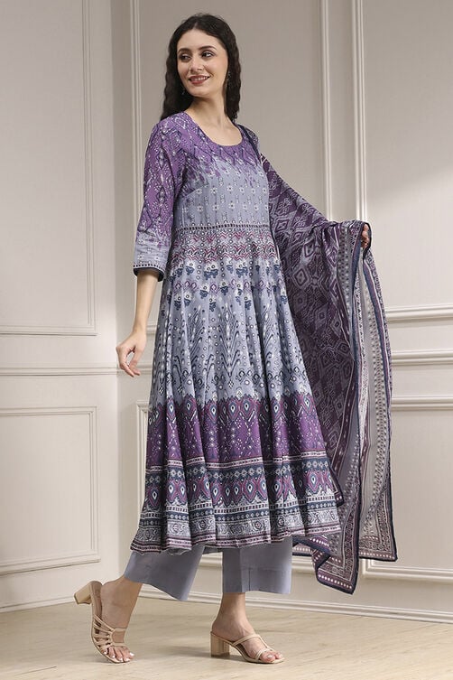 Elegant Lilac Cotton Printed Anarkali Suit Set for Women for Party and Ethnic Wear