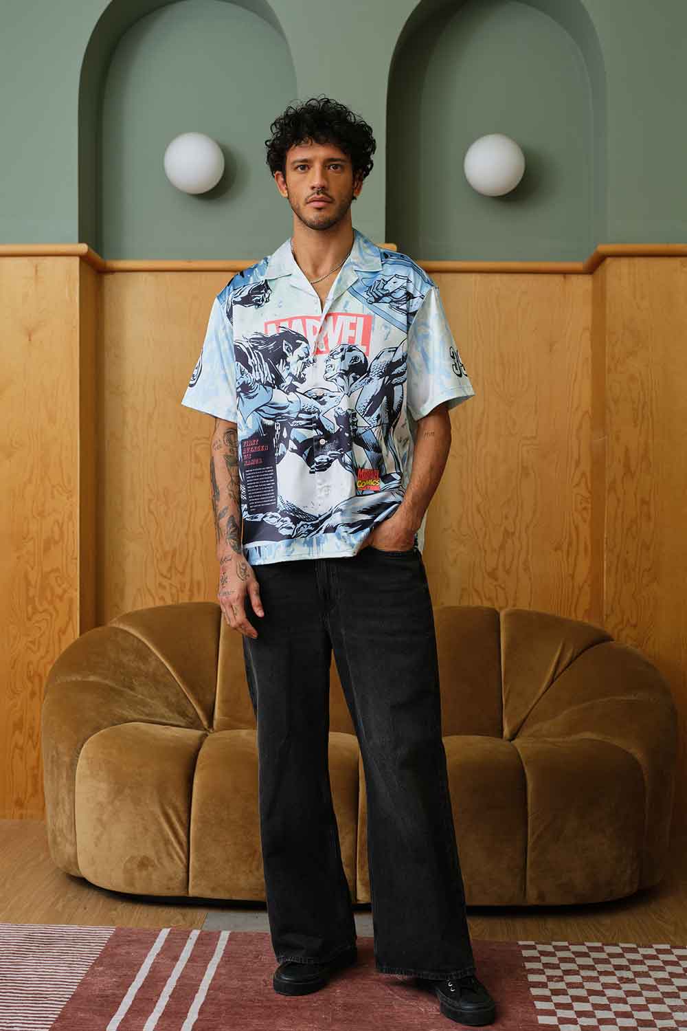 Tan Oversized Graphic Print Shirt with Long Sleeves and Loose Relaxed Fit