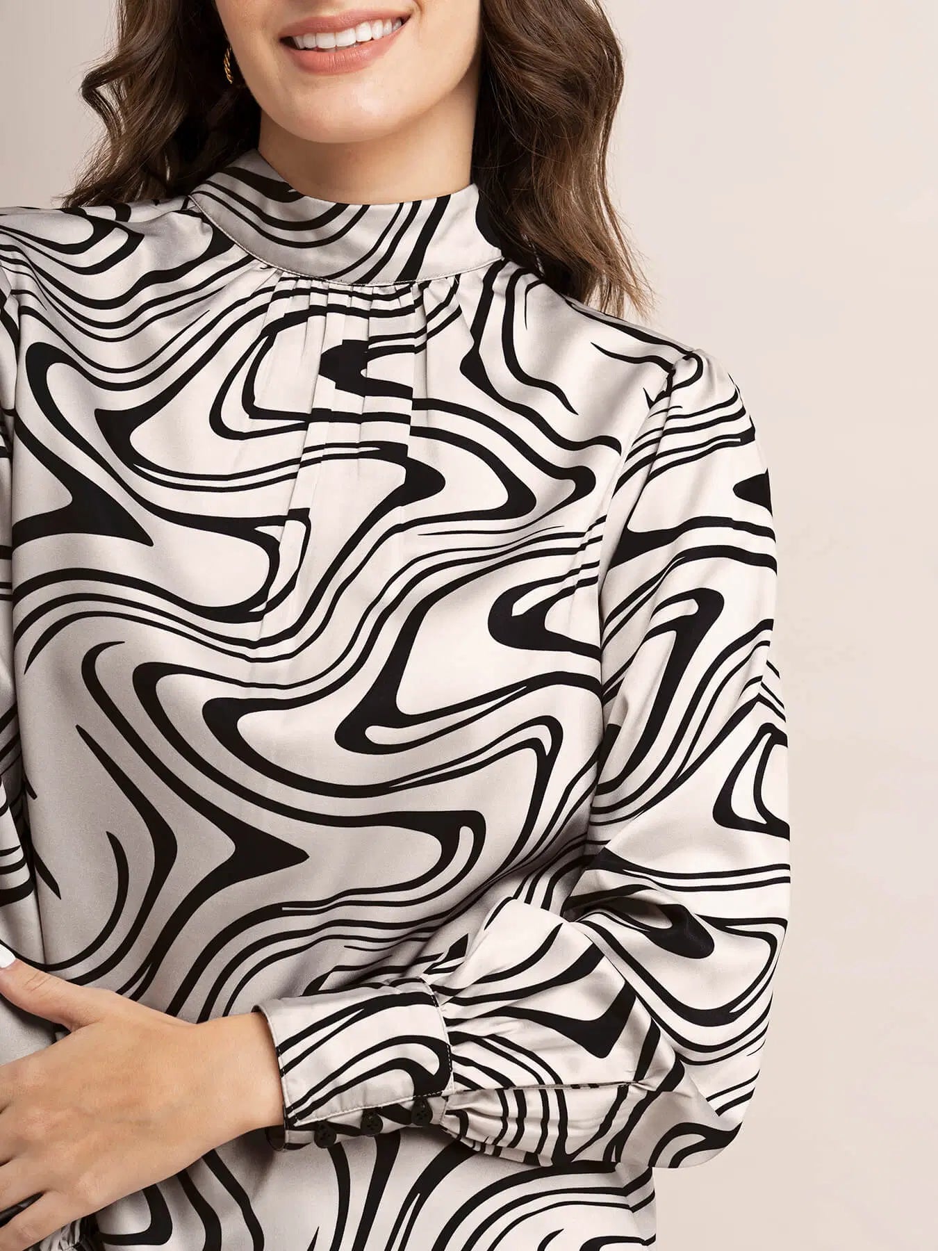 Beige and Black Satin Abstract Pattern Top for Women with Elegant Look