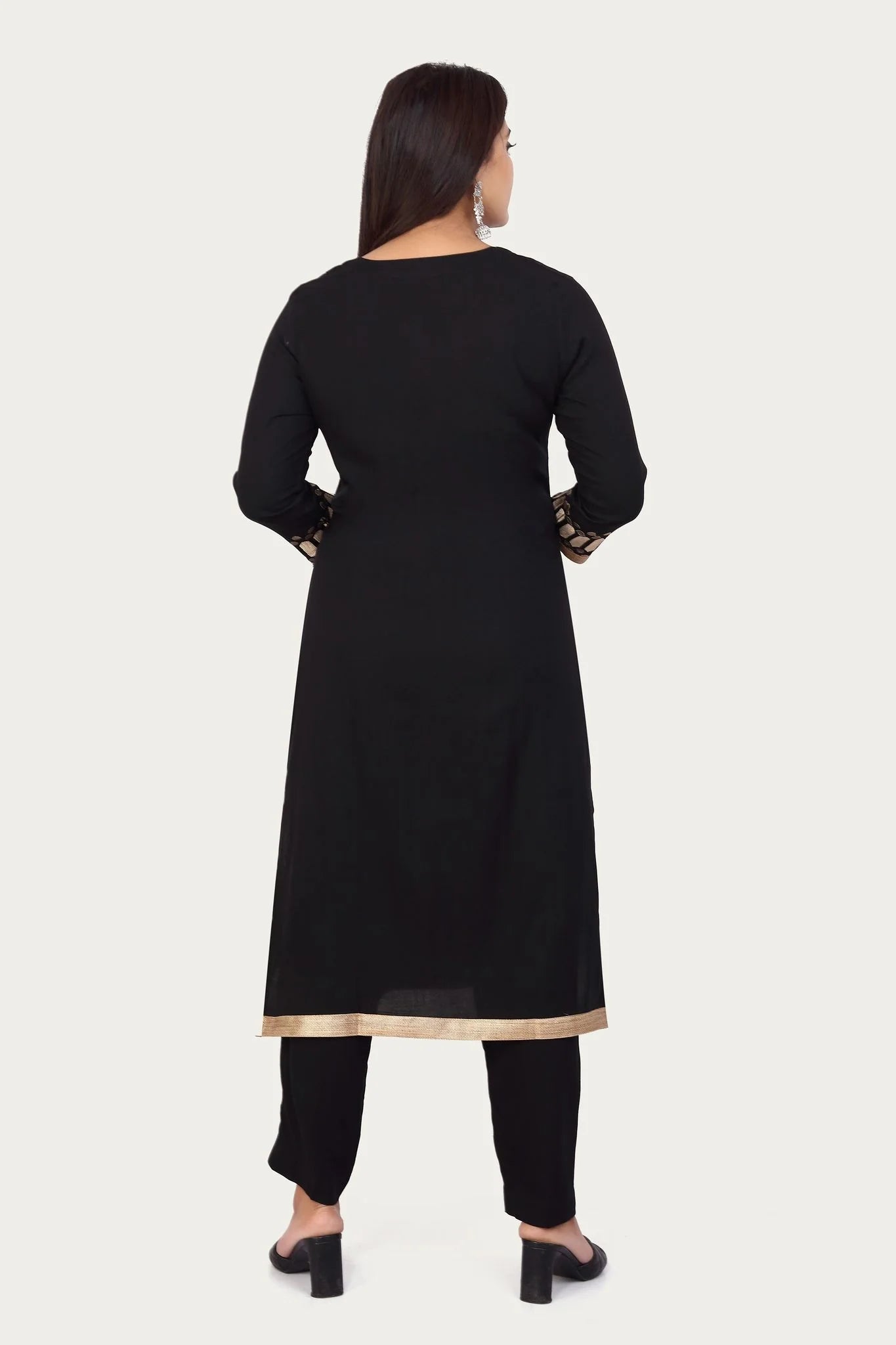 Women’s Lightweight Black Rayon Straight Kurta Pant Suit Set with Stylish Embroidery