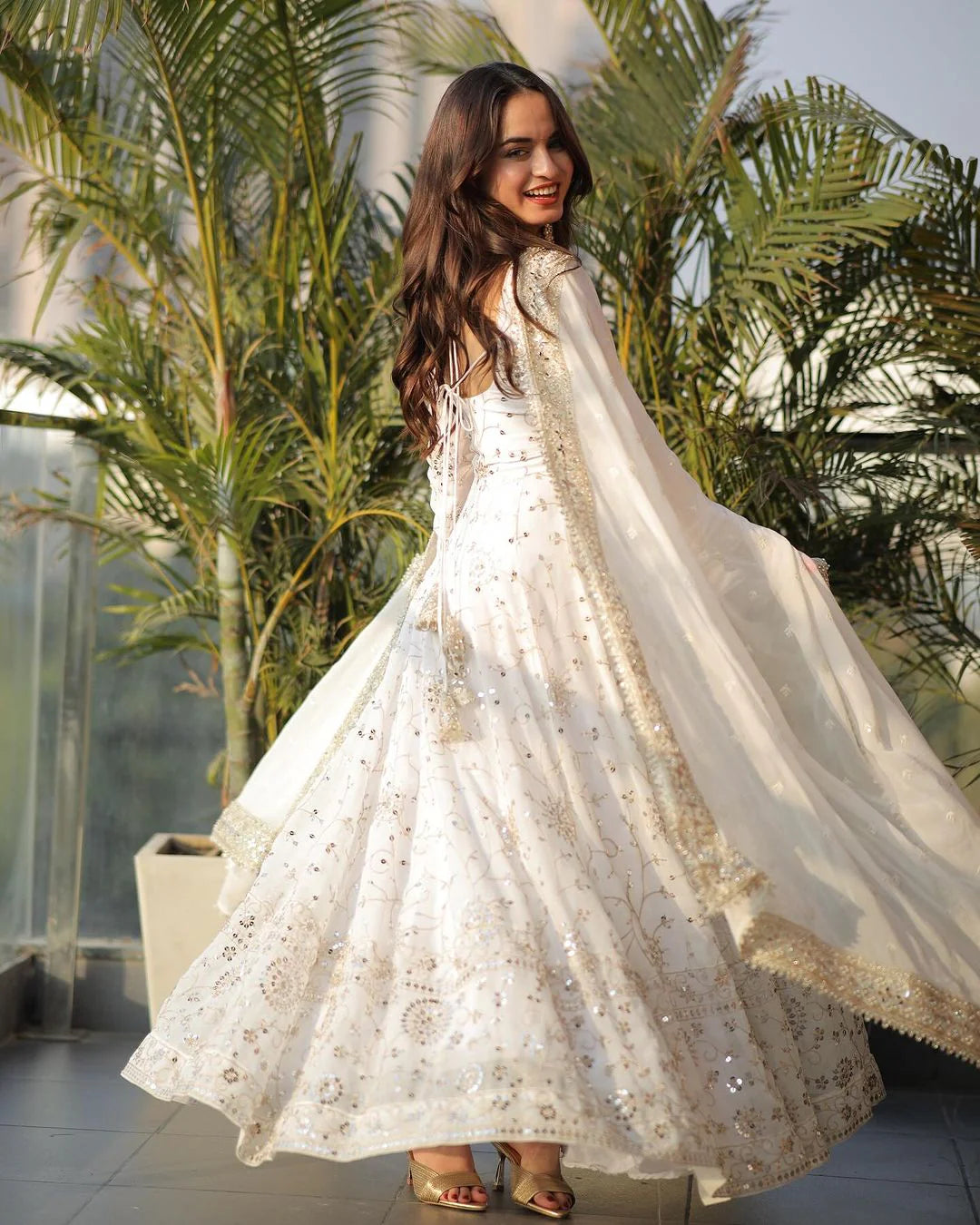 Trendy Full Heavy Work White Georgette Anarkali Gown for Women for Special Occasions