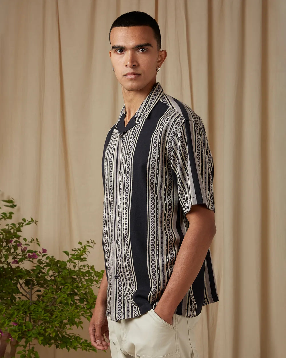 Men’s Charcoal Casual Shirt with Jacquard Stripe Design in Loose Fit
