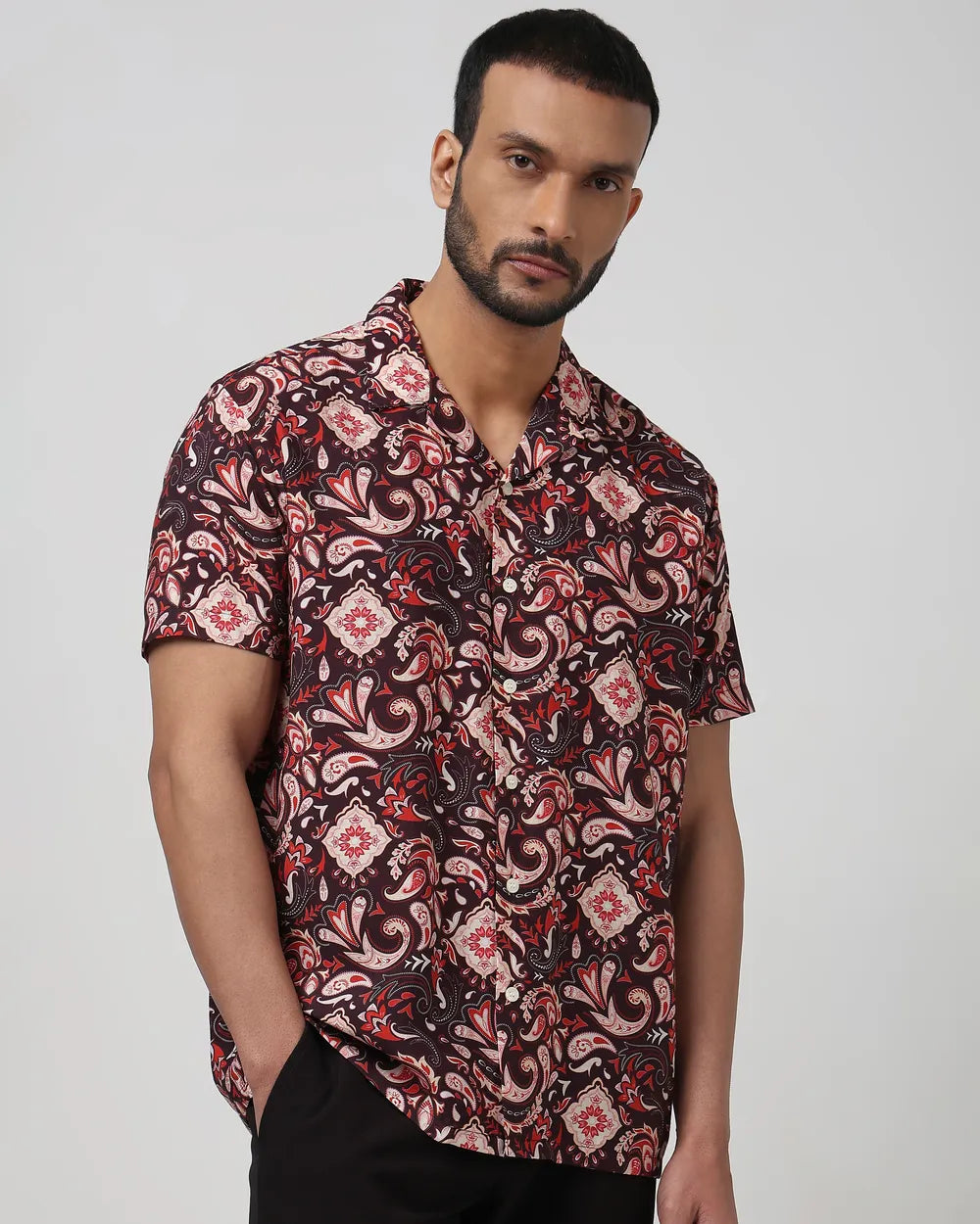 Fashionable Maroon Relaxed Fit Shirt for Men with Modern Digital Design