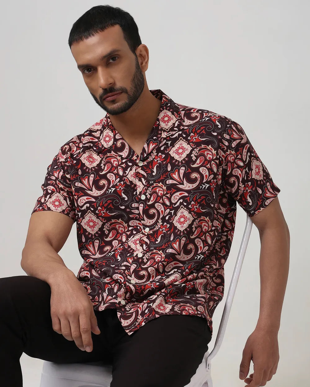 Fashionable Maroon Relaxed Fit Shirt for Men with Modern Digital Design