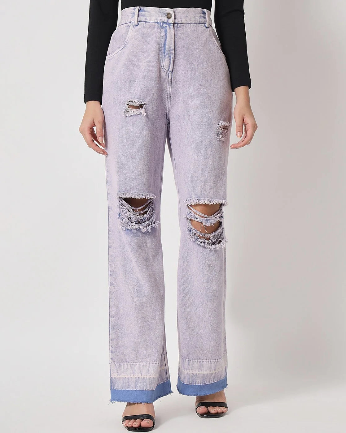 Relaxed Fit Blue Flared Jeans with Distressed and Washed Shine Effect