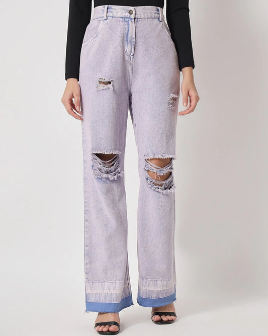 Relaxed Fit Blue Flared Jeans with Distressed and Washed Shine Effect