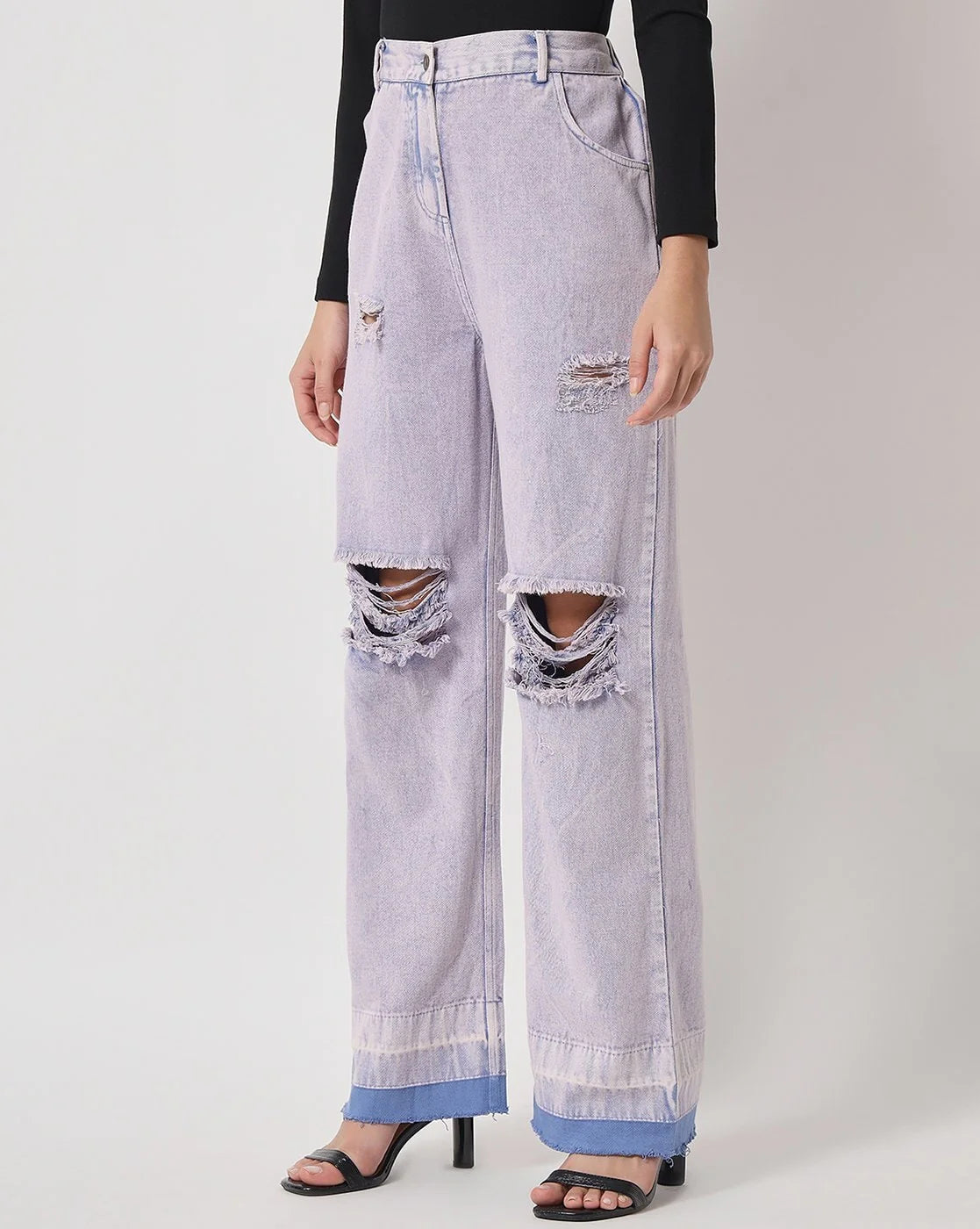 Relaxed Fit Blue Flared Jeans with Distressed and Washed Shine Effect