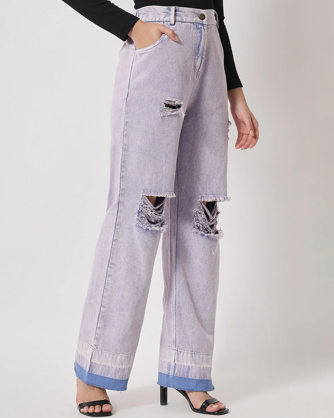Relaxed Fit Blue Flared Jeans with Distressed and Washed Shine Effect