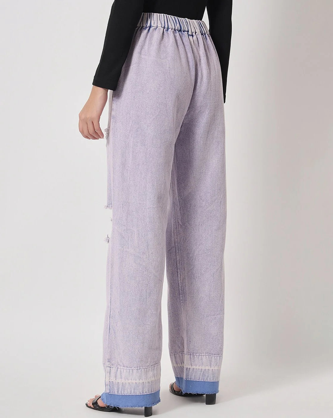 Relaxed Fit Blue Flared Jeans with Distressed and Washed Shine Effect