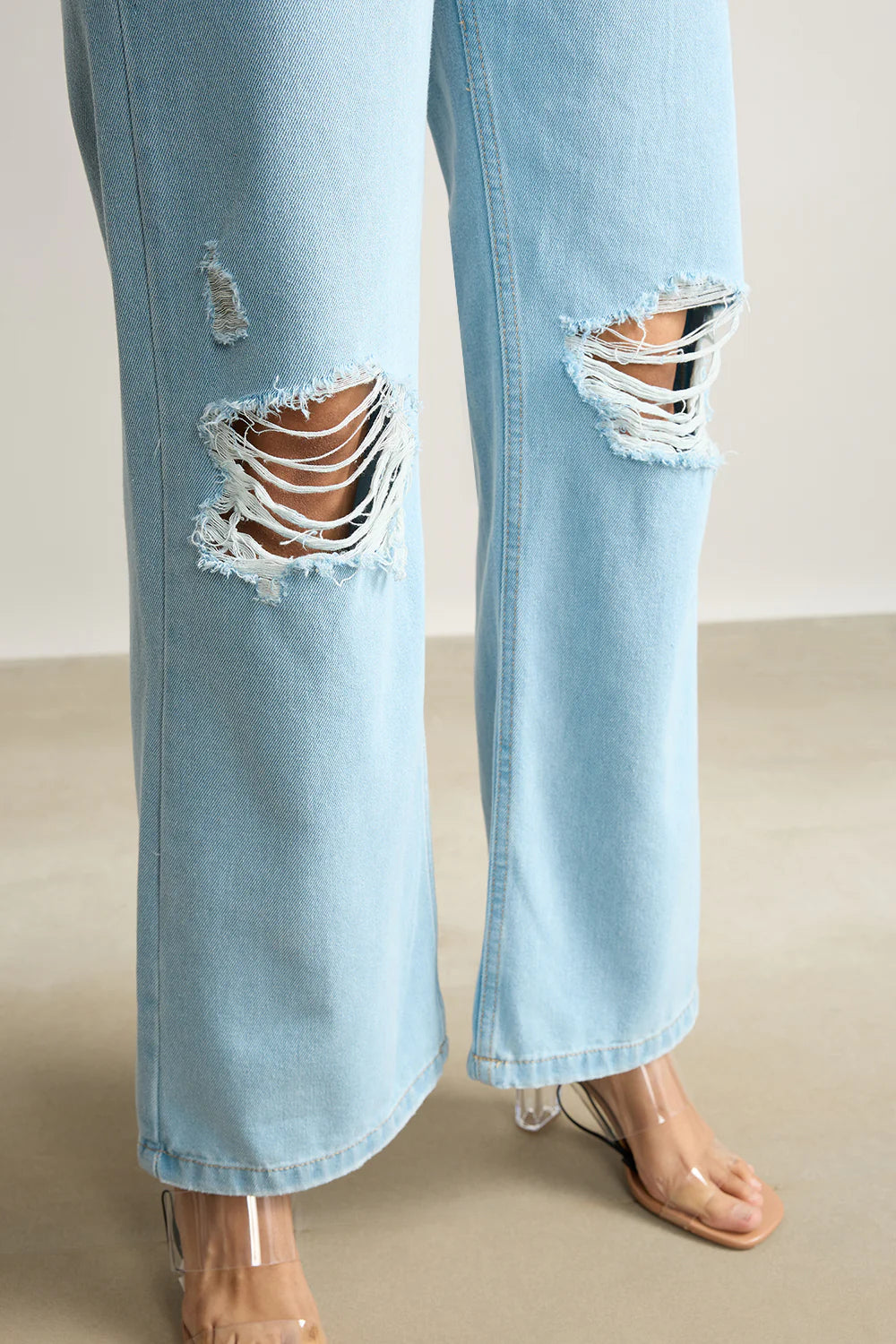 Trendy Light Blue High Waisted Distressed Women’s Wide Jeans with Relaxed Fit