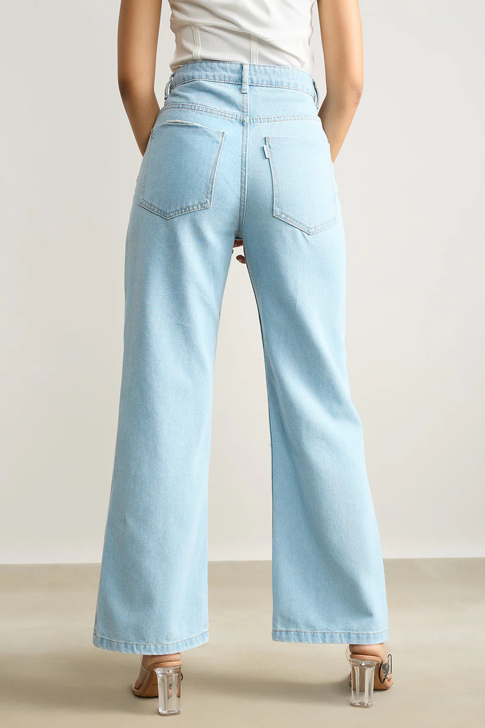 Trendy Light Blue High Waisted Distressed Women’s Wide Jeans with Relaxed Fit
