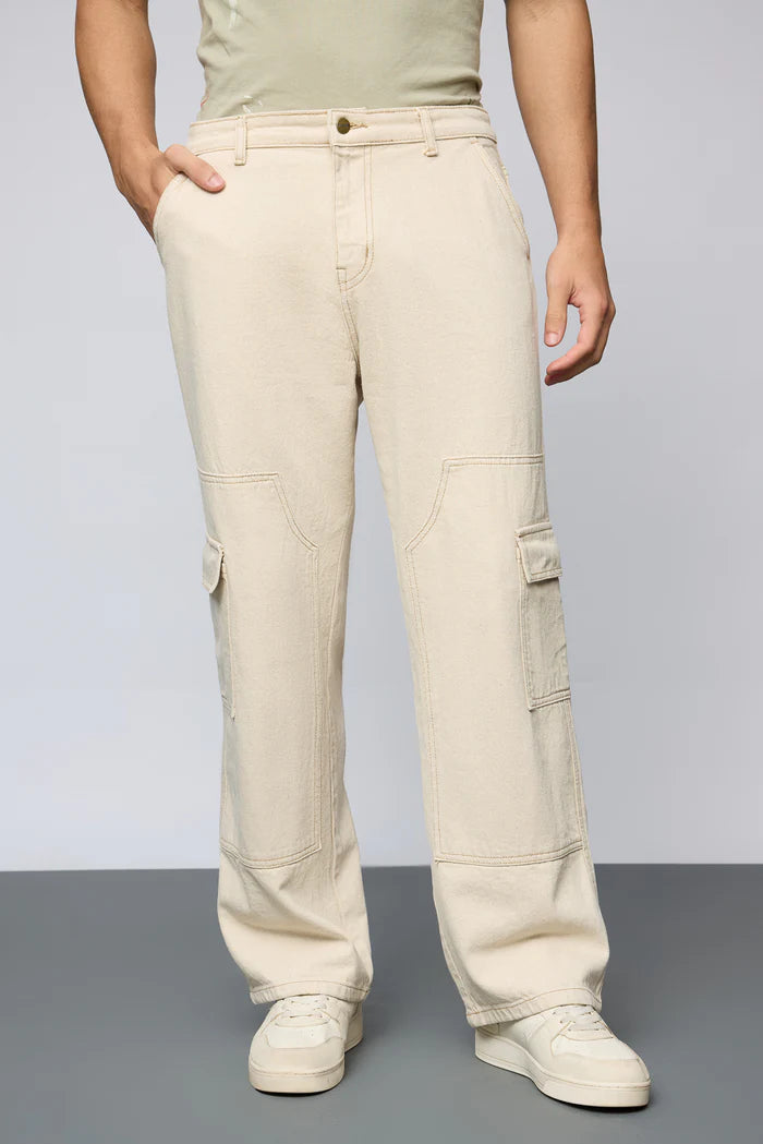 Urban Ecru Utility Straight Cargo Denim Jeans for Men with Modern and Stylish Look