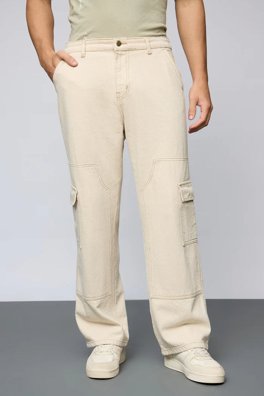 Urban Ecru Utility Straight Cargo Denim Jeans for Men with Modern and Stylish Look