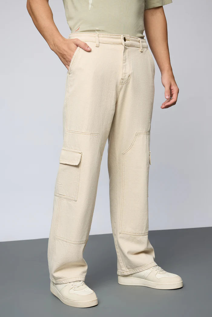 Urban Ecru Utility Straight Cargo Denim Jeans for Men with Modern and Stylish Look